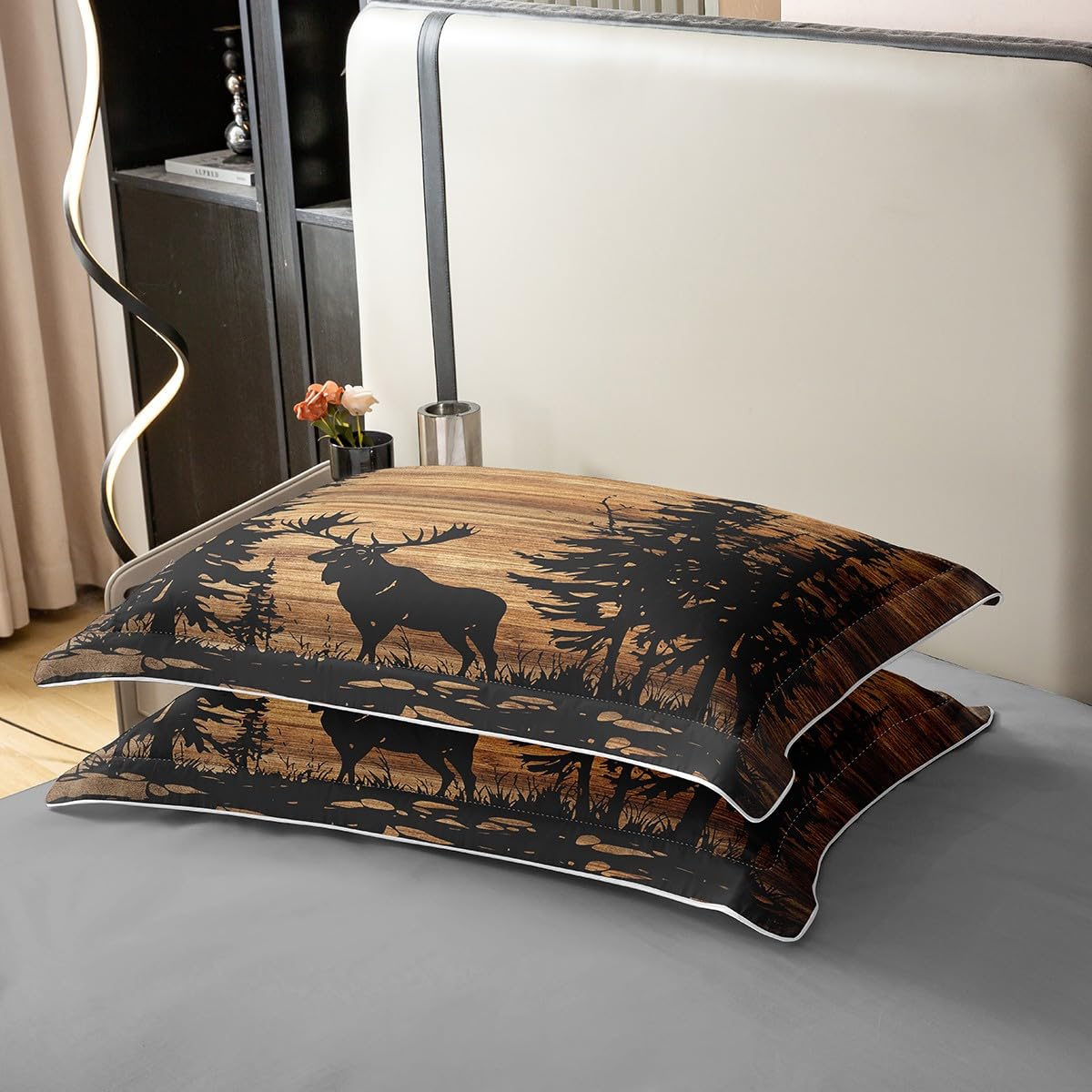 Loussiesd Elch 100% Baumwolle Bettwäsche Set 135x200cm Rustikale Kabine Land Betten für Kinder Mädchen Jungs Vintage Braun Holz Bettbezug Bettwäsche-Set Zimmer Dekorationen