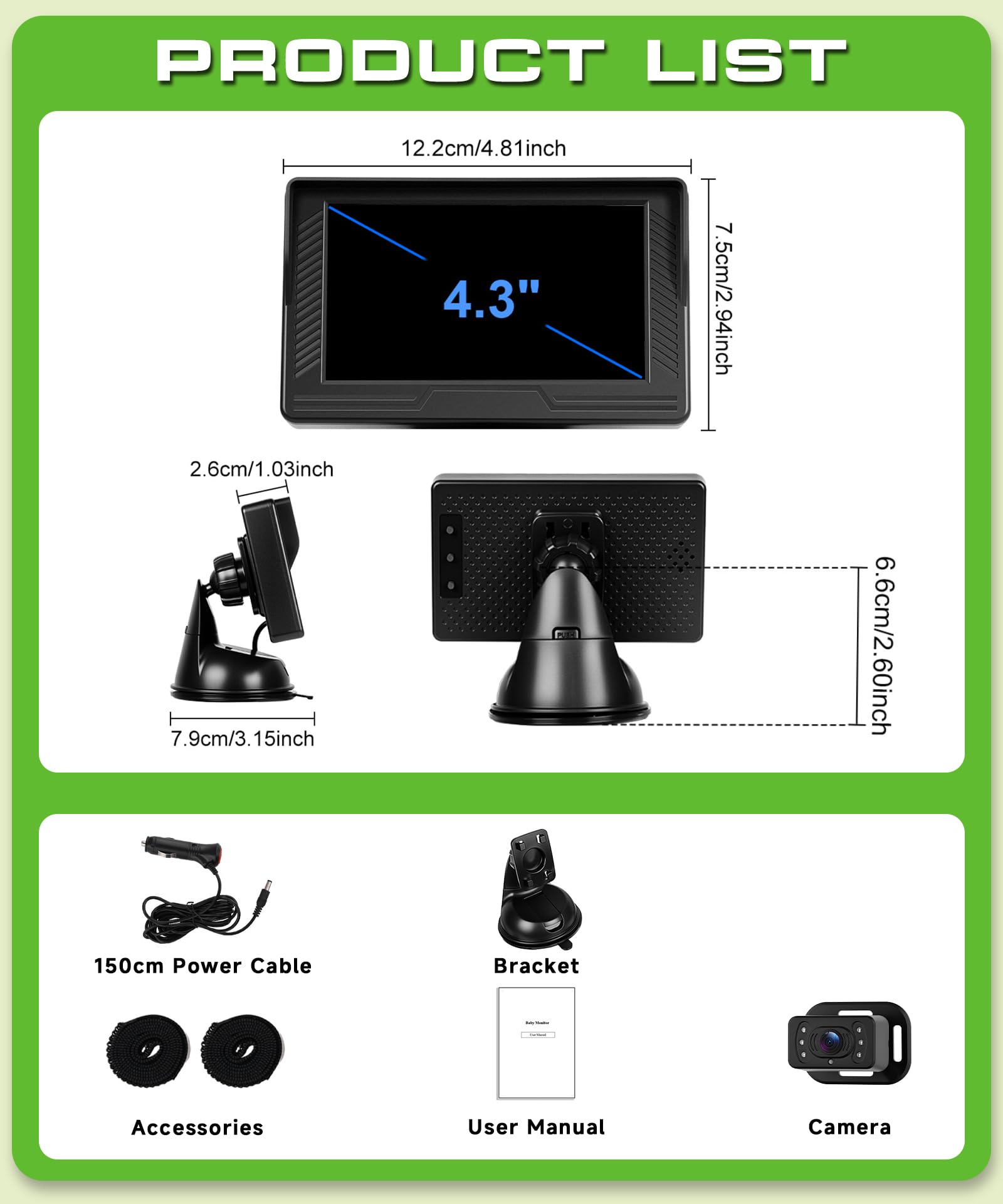 VECHTEL Telecamera di sorveglianza per bambini HD,schermo da 4,3 pollici con telecamera per sedile posteriore, presa accendisigari, specchio di sicurezza girevole a 360° per seggiolini per bambini
