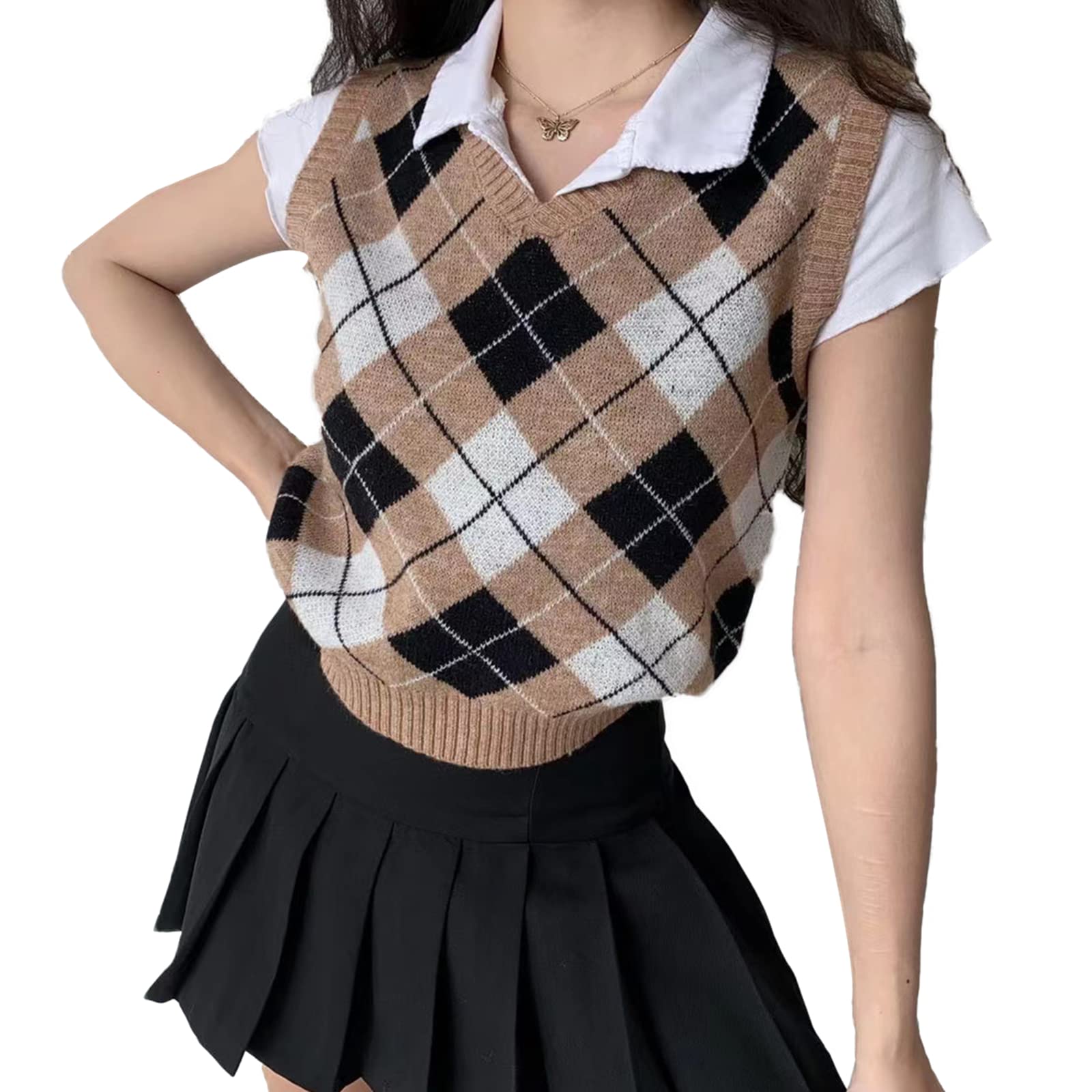 Women's Sweater Vest,Y2K Sleeveless Pattern Preppy Style Knitted Crop Tank Top for Girl
