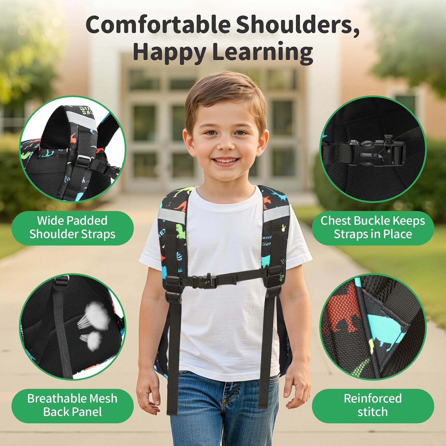 Kids Backpack for Boys - 15 Inch Dinosaur Backpack for Kids Age 4-7, Preschool Kindergarten Elementary 1st Grade Schoool Backpack with Reflective Stripe, Black Dinosaur