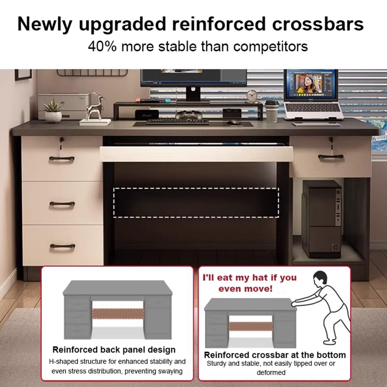 Scrivania Ufficio con 4 Cassetti,Serratura e Piano Tastiera con Vano PC Rialzato,Design Moderno Salvaspazio per Casa Studio e Ufficio A,140CM