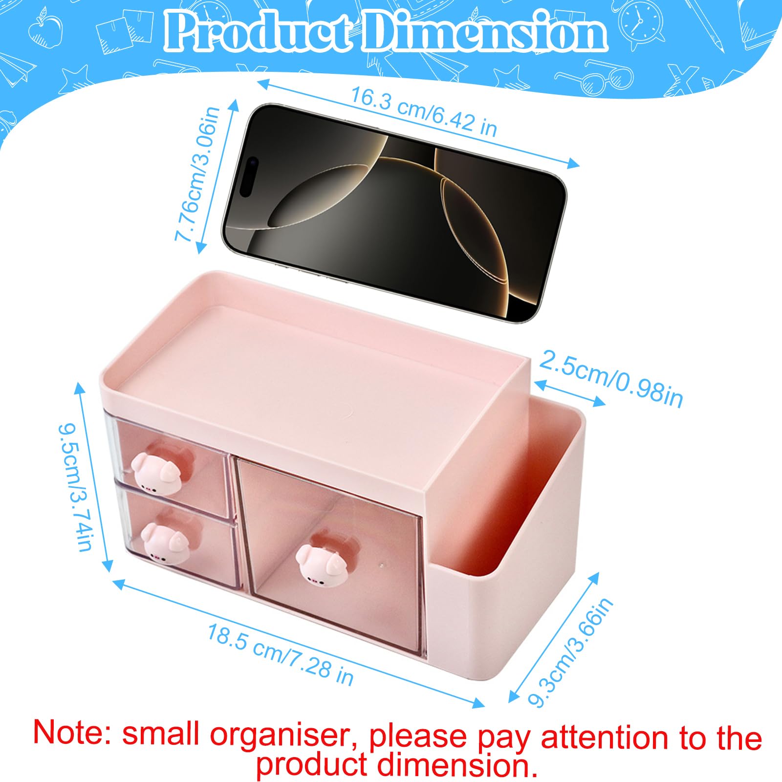 Marte Vanci Desk Organiser with 3 Drawers, Cute Desktop Tidy Stationery Organiser with Pen Holder - Image 2