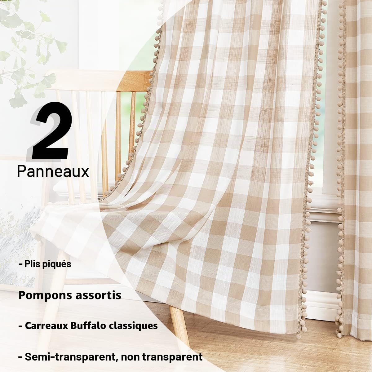 Lot de 2 rideaux semi-transparents à pompons pour salon, beige et blanc, motif à carreaux de buffle filtrant de la lumière, panneaux de fenêtre texturés en lin pour bureau, brun roux, 101.6x228.6 cm