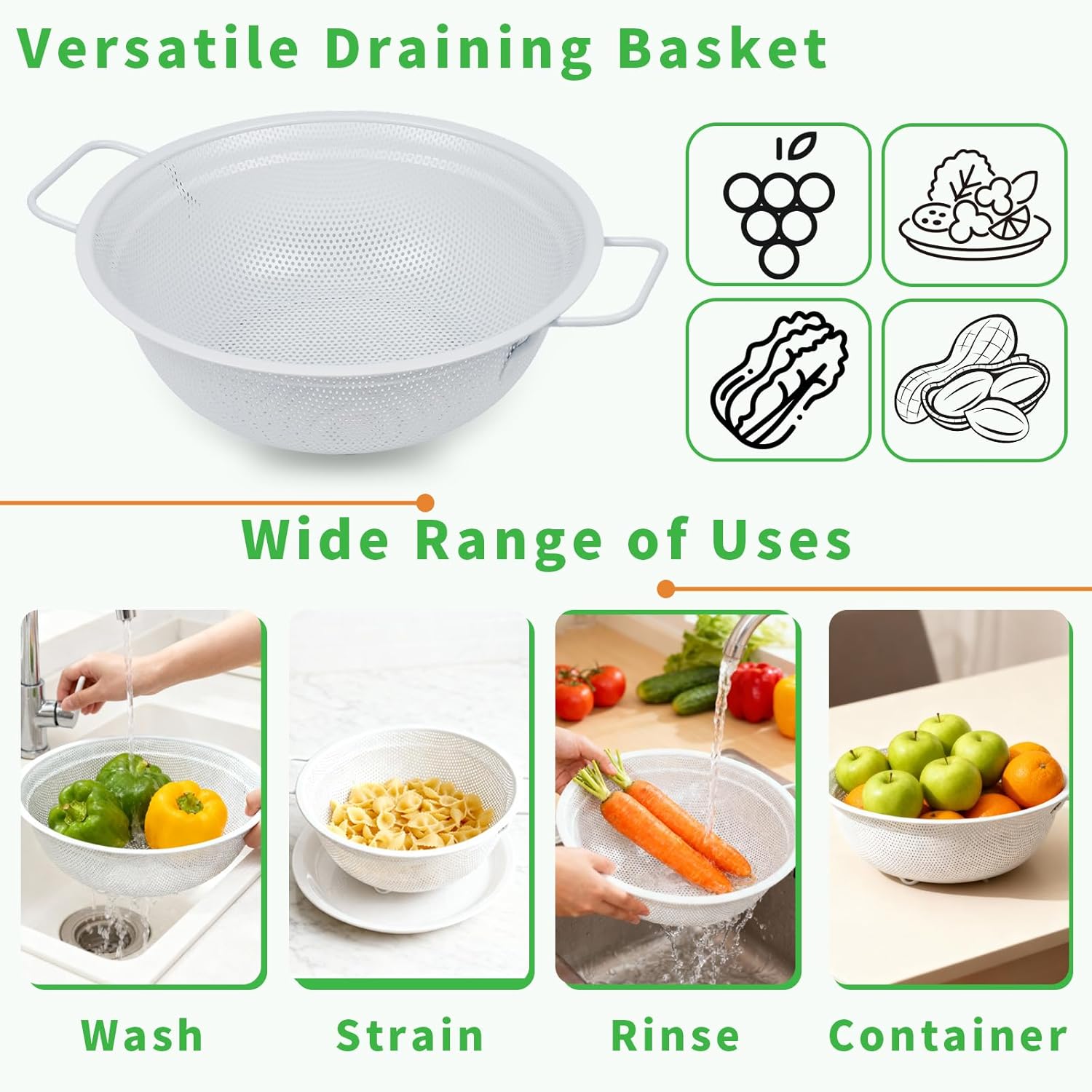 Colander Set with White Coating, Stainless Steel Micro-Perforated Colanders Strainers for Draining Rinsing Washing, Ideal for Pasta Vegetables Fruits, Heavy Duty & Dishwasher Safe -