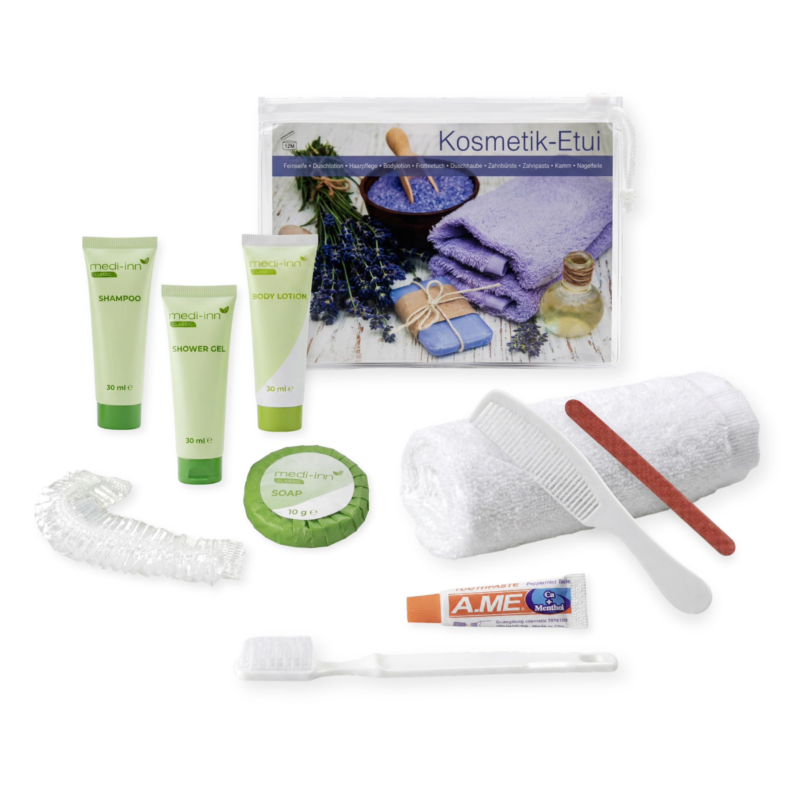Medi-Inn Reise-Essentials Kulturbeutel transparent, 10-teilig, 20 Stück | Travel Kit fürs Handgepäck: Inhalte je unter 100 ml, für Damen & Herren, komplett bestückt für Flugreisen & Hotel