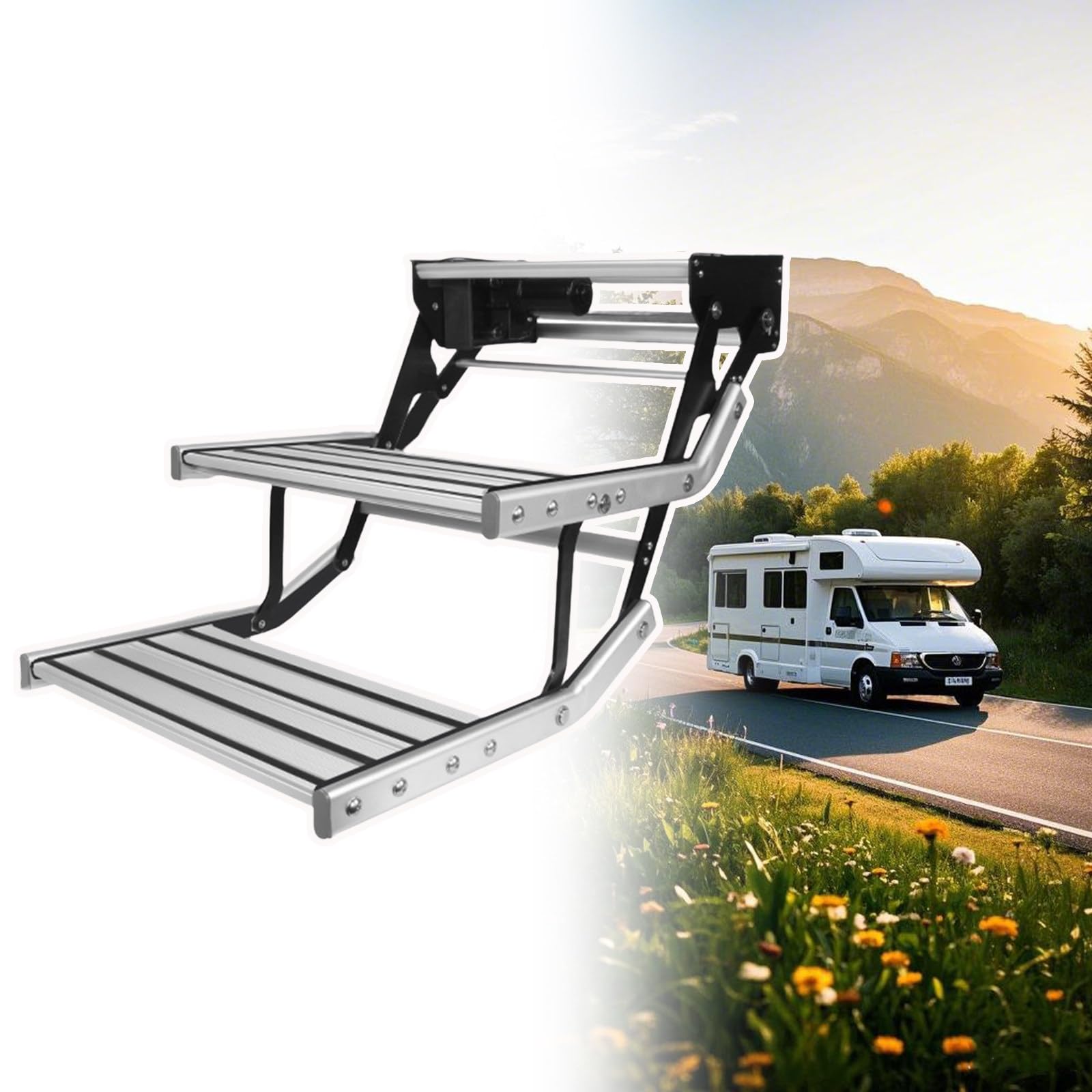 WIANQIAN Foldable Aluminium Alloy Camper Stairs, Motorhome Step Ladder, RV Entrance Stairs, Rust And Corrosion Resistant, With LED Light, For Camper Caravans Double-layerelectric
