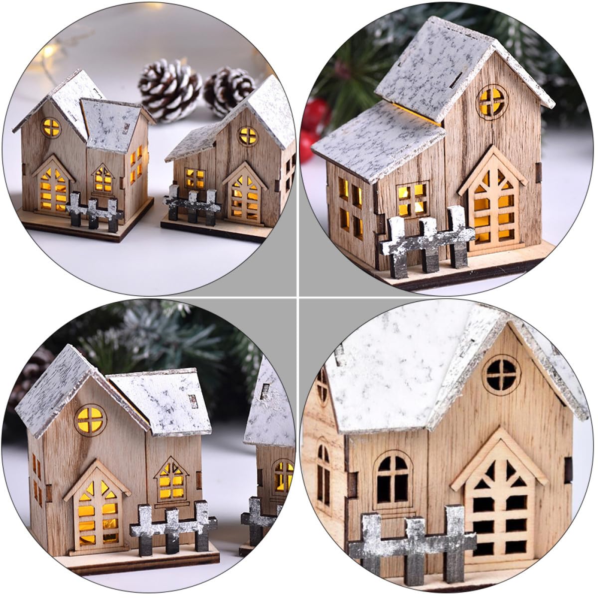 Decorazioni Natalizie in Legno a Forma Di Casa Luminosa 3 Pezzi, Ornamenti Artigianali Luce Led Per Decorazione Da Tavolo Festa Natale Soggiorno