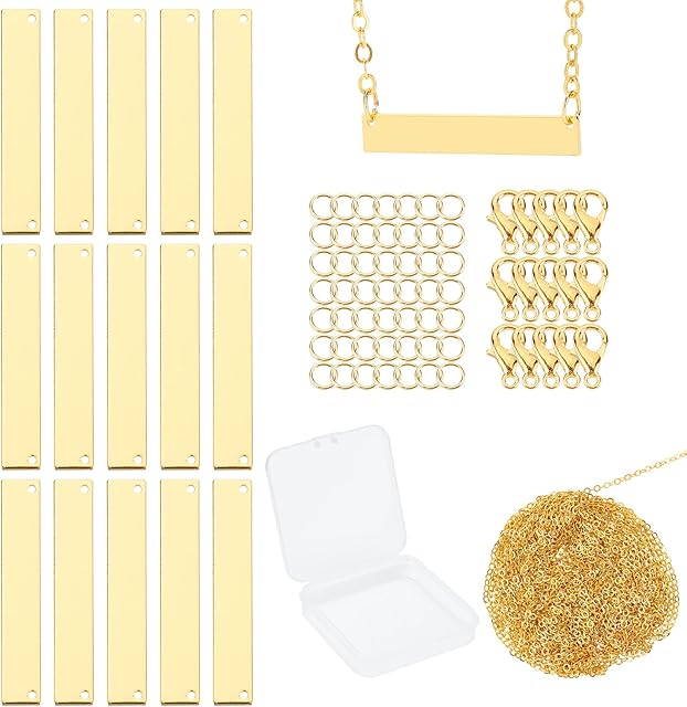 SUNNYCLUE 1 Box 130Pcs Stamping Blank Bar Pendants Rectangle Brass Stamping Tag Metal Name Plate Charms with Jump Rings Lobster Clasps Cable Chains for DIY Bracelet Necklace Earring Supplies, Golden