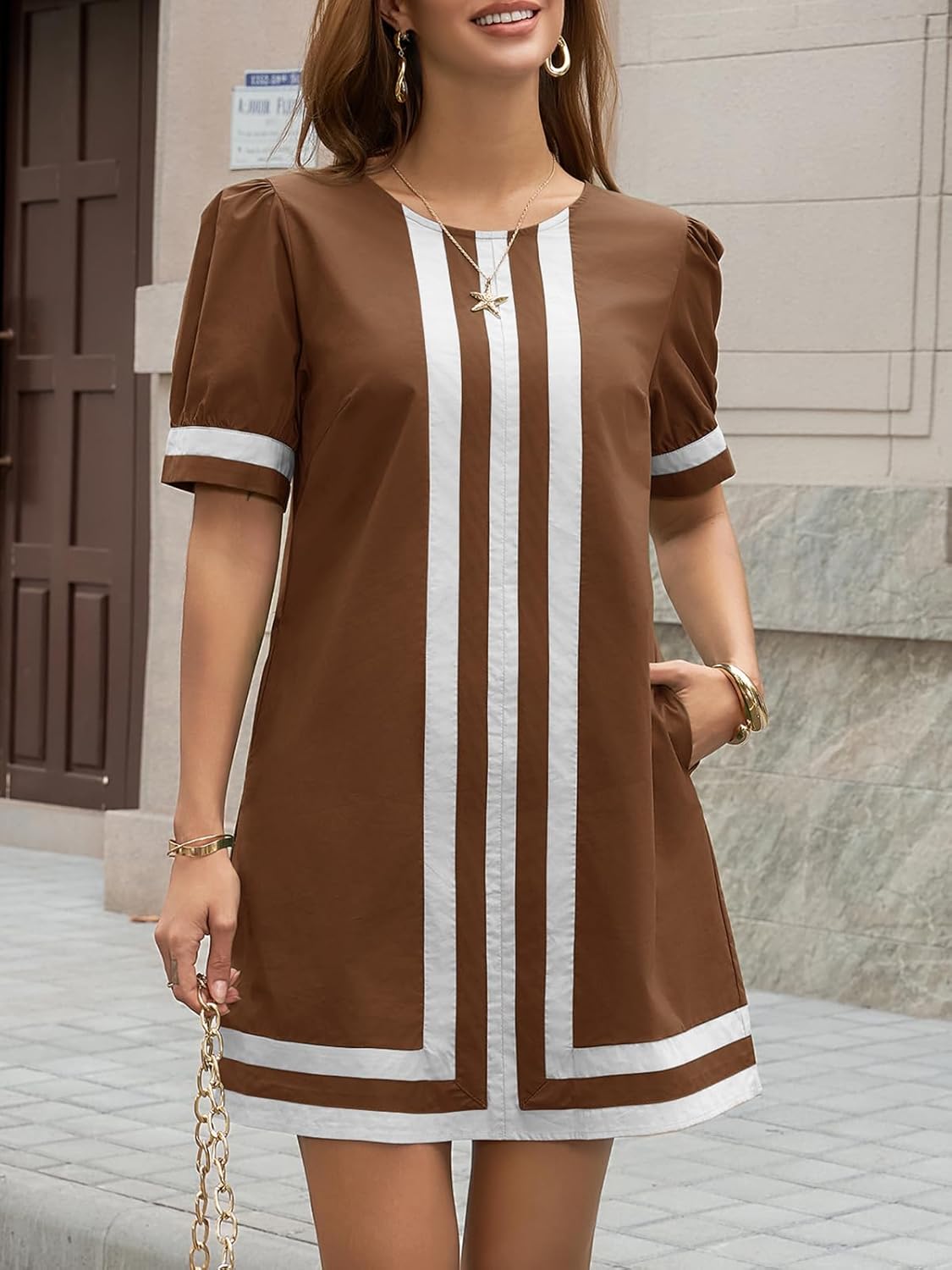 Wenrine Womens Puff Short Sleeve Mini Dress Summer Crewneck Striped Color Block Loose Casual Shift Dresses with Pockets - Image 2