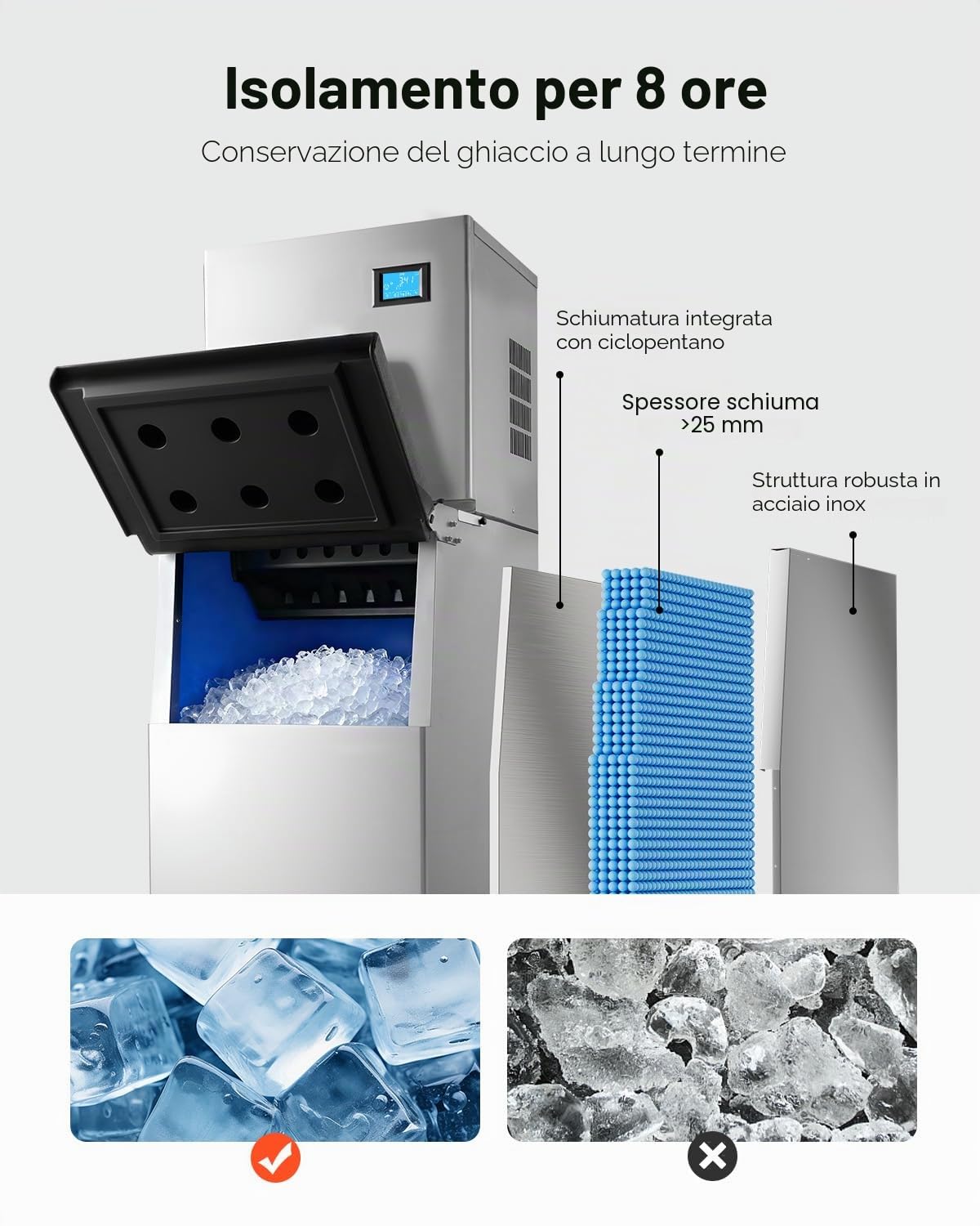 VEVOR Macchina per Ghiaccio Commerciale Capacità di Produzione 163kg/giorno Macchina con Contenitore per Cubetti di Ghiaccio Autopulente Schermo a Tocco Capienza 113kg, Bar Ristorante Hotel