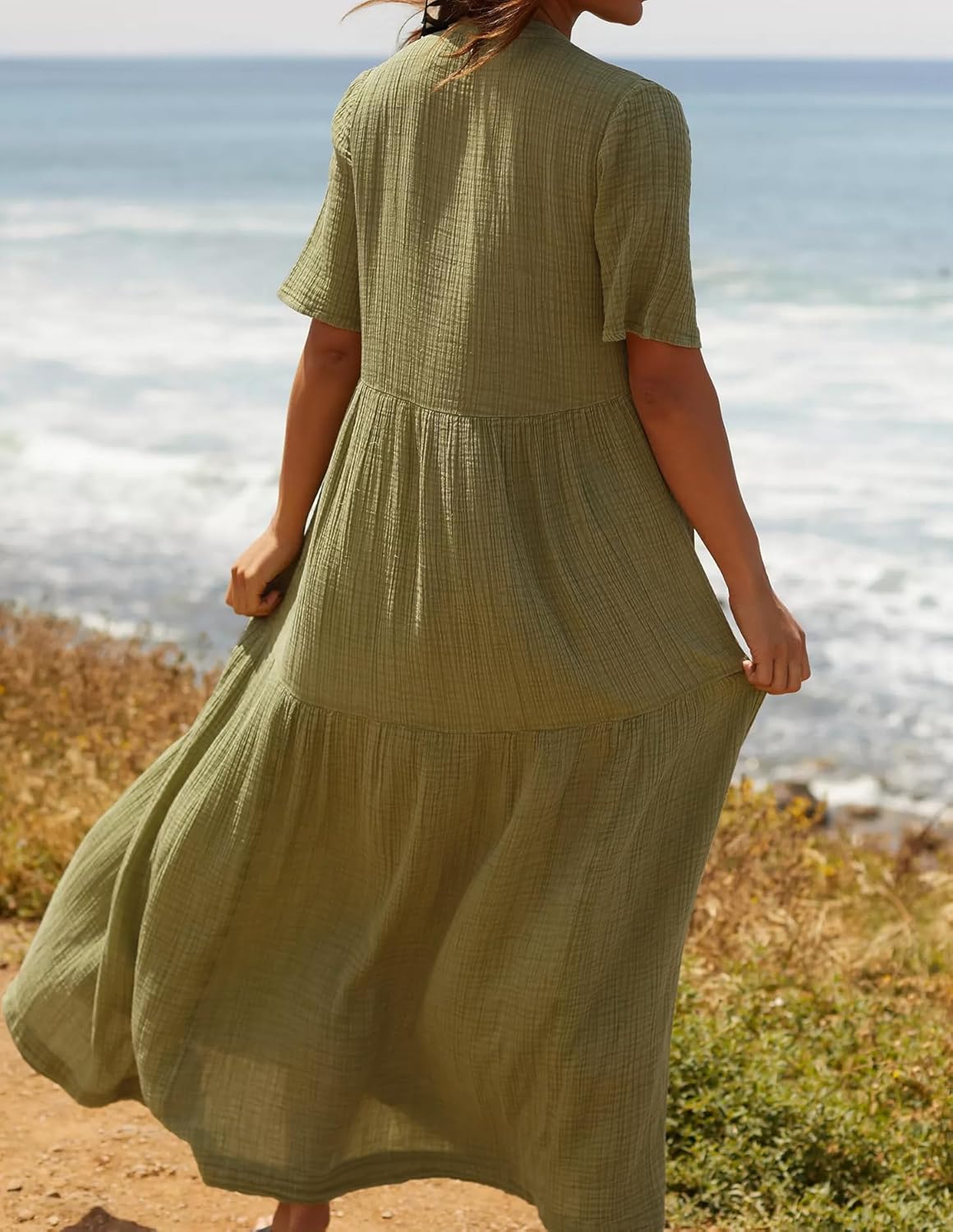 R.Vivimos Womens Summer Cotton Flowy Maxi Dress Short Sleeve V Neck Empire Waist Boho Tiered Ruffle Casual Loose Long Dresses - Image 3