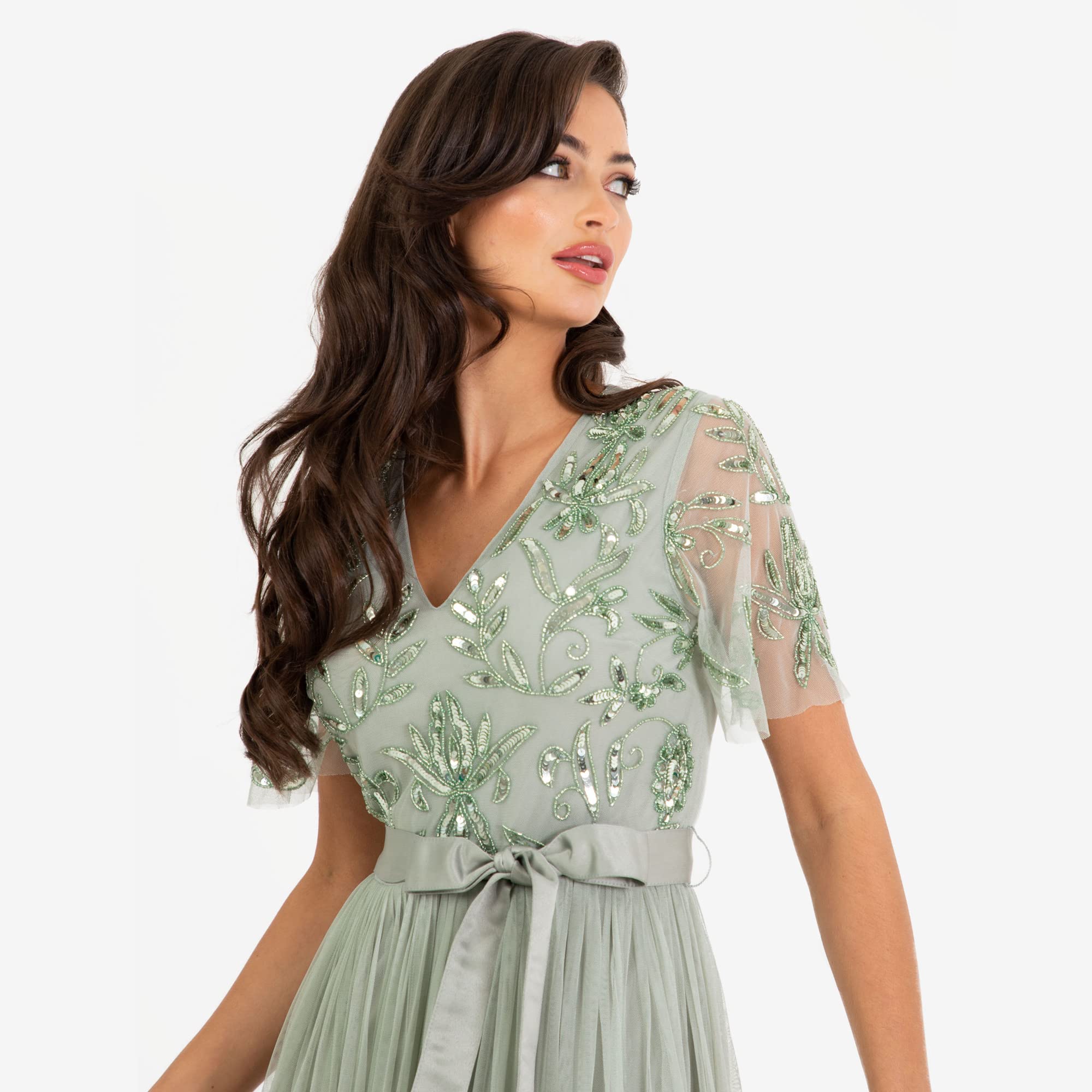 Maya Deluxe Damen Womens Maxi Dress Ladies Ball Gown for Wedding Guest Embellished Tie Waist V Neck Bridesmaid Prom Evening Occasion Kleid