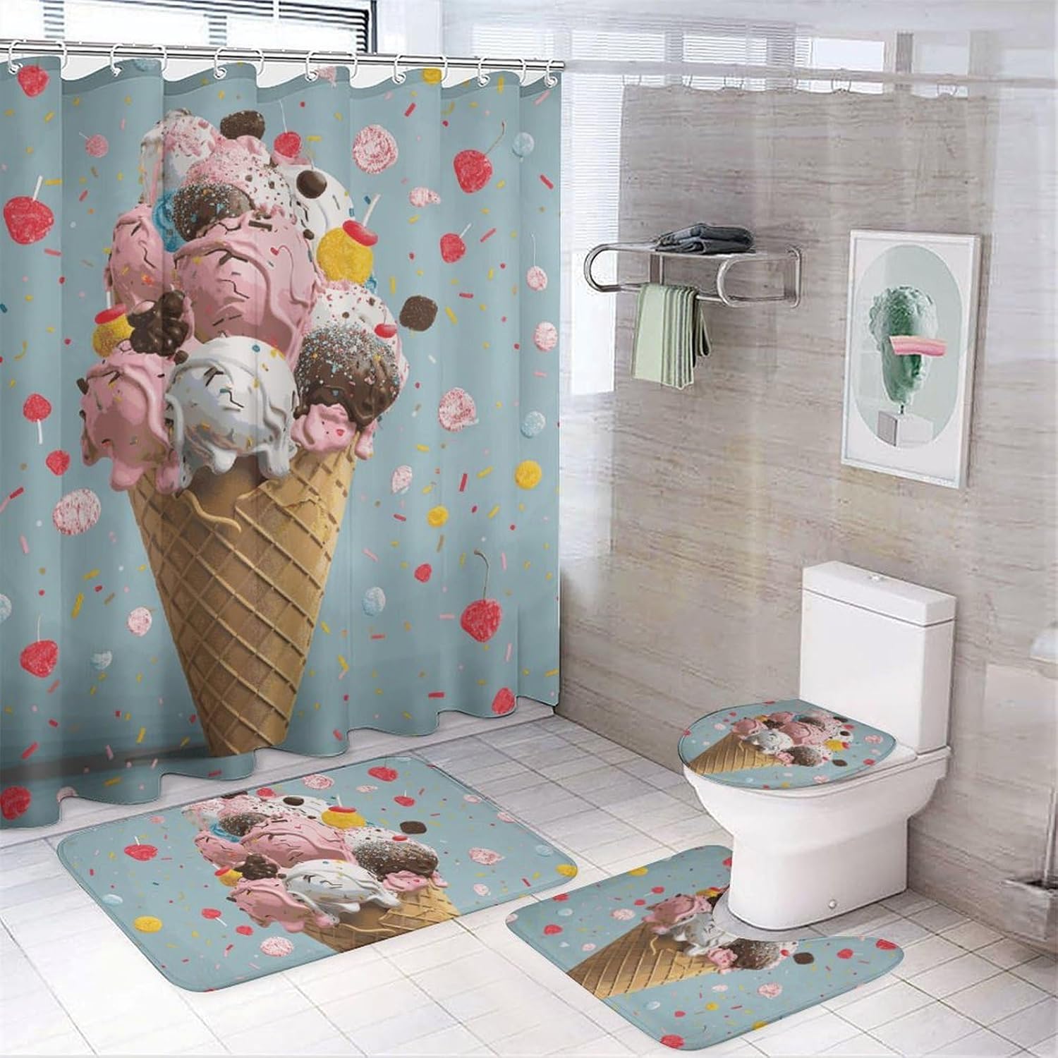 Sweet Ice Cream Shower Curtain Set 4 Piece, Non-Slip Bath Mat with Toilet Lid Cover and Waterproof Shower Curtain with 12 Hooks, Complete Bathroom Set for Home Decor