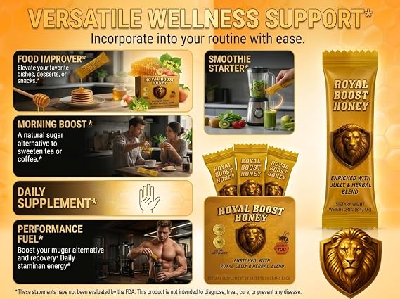 Royal Boost Honey with Royal Jelly & Ginseng, 24 Sachets x 10g