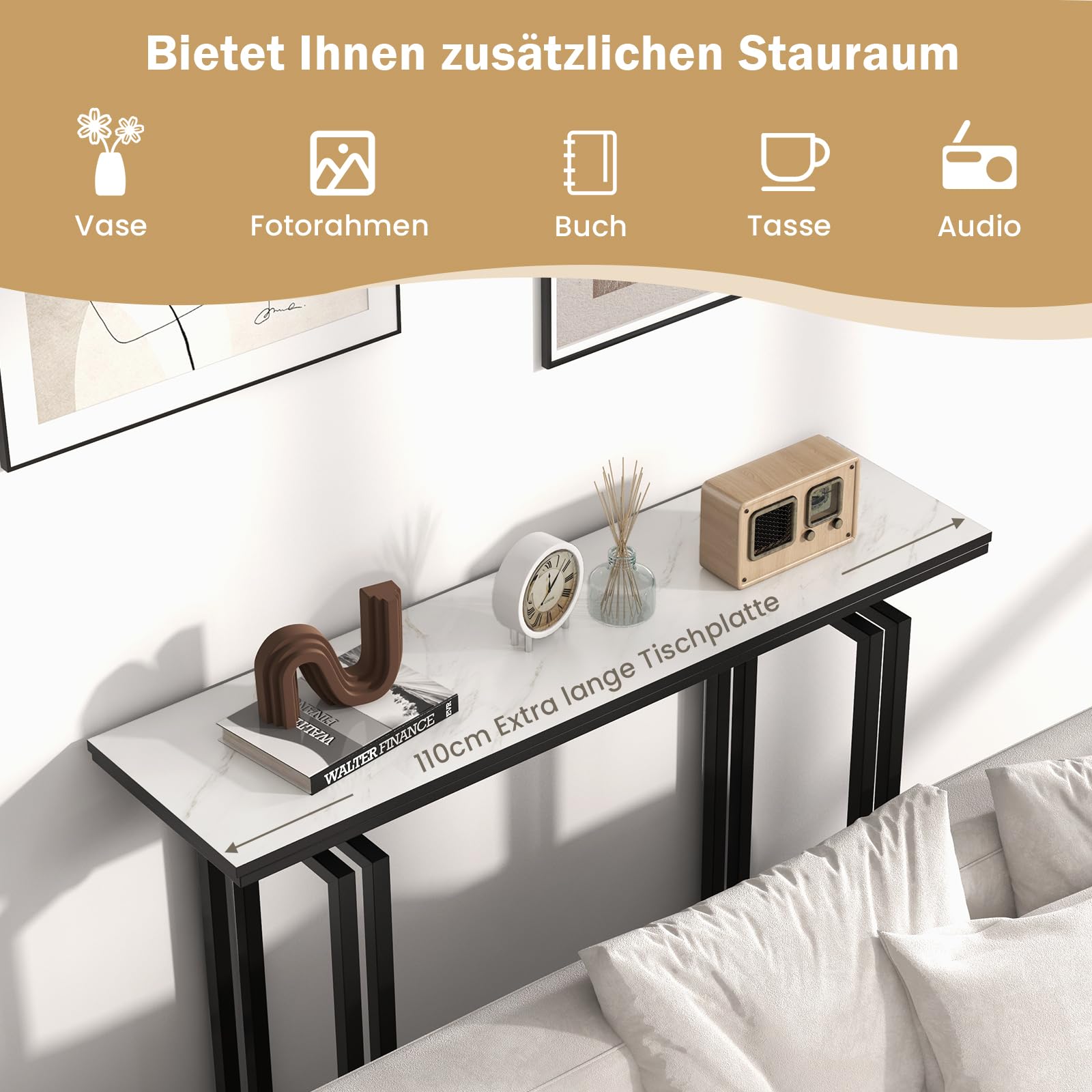 COSTWAY Konsolentisch schmal, Flurtisch Marmor Optik, Beistelltisch mit Metallrahmen, Eingangstisch modern, schmaler Tisch für Wohnzimmer & Eingang, 110 x 30 x 81 cm (Schwarz)