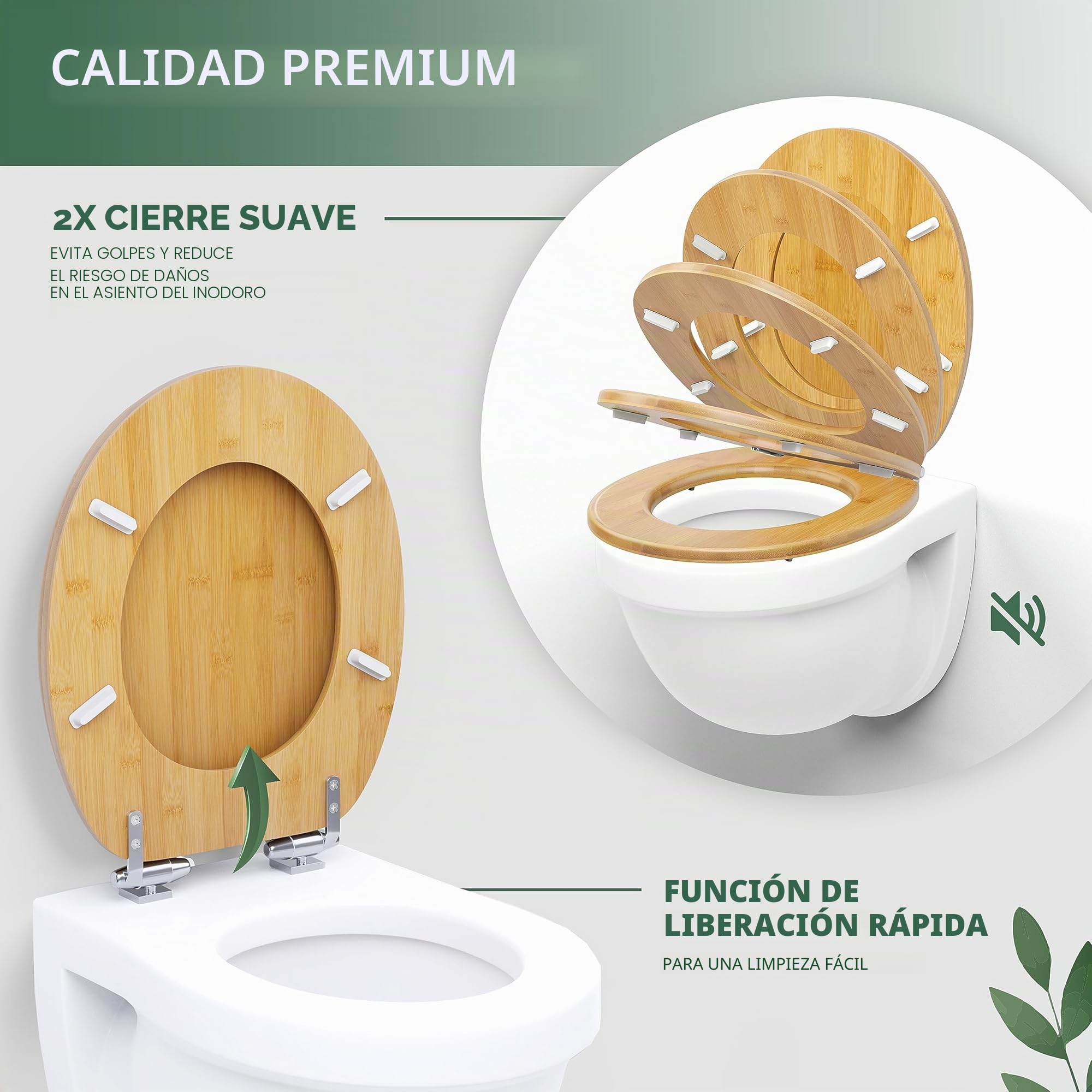 Benkstein® Tapa de inodoro con descenso suave de bambú, antibacteriano, liberación rápida para una fácil limpieza, fácil montaje, resistente y sostenible, tapa de inodoro de madera, extraíble