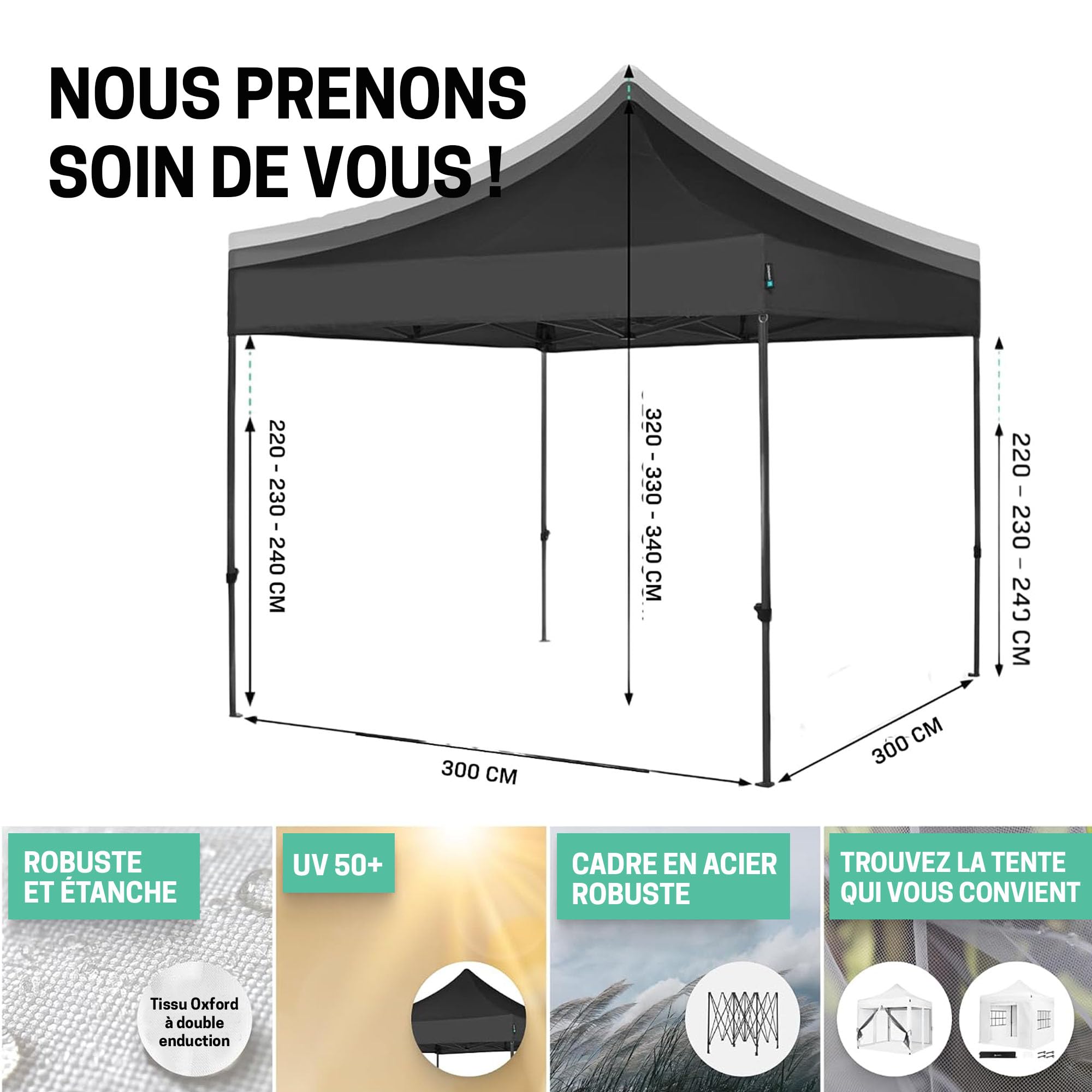 VONROC Tente Easy-Up - 3x3 m – Pliante - Design Modulaire : Auvent, Tonelle, Chapiteau, Marchés Saisons – Pliable – Imperméable – Cadre en Acier - Protection UV 50+ - Noir - Sac de Rangement Inclus