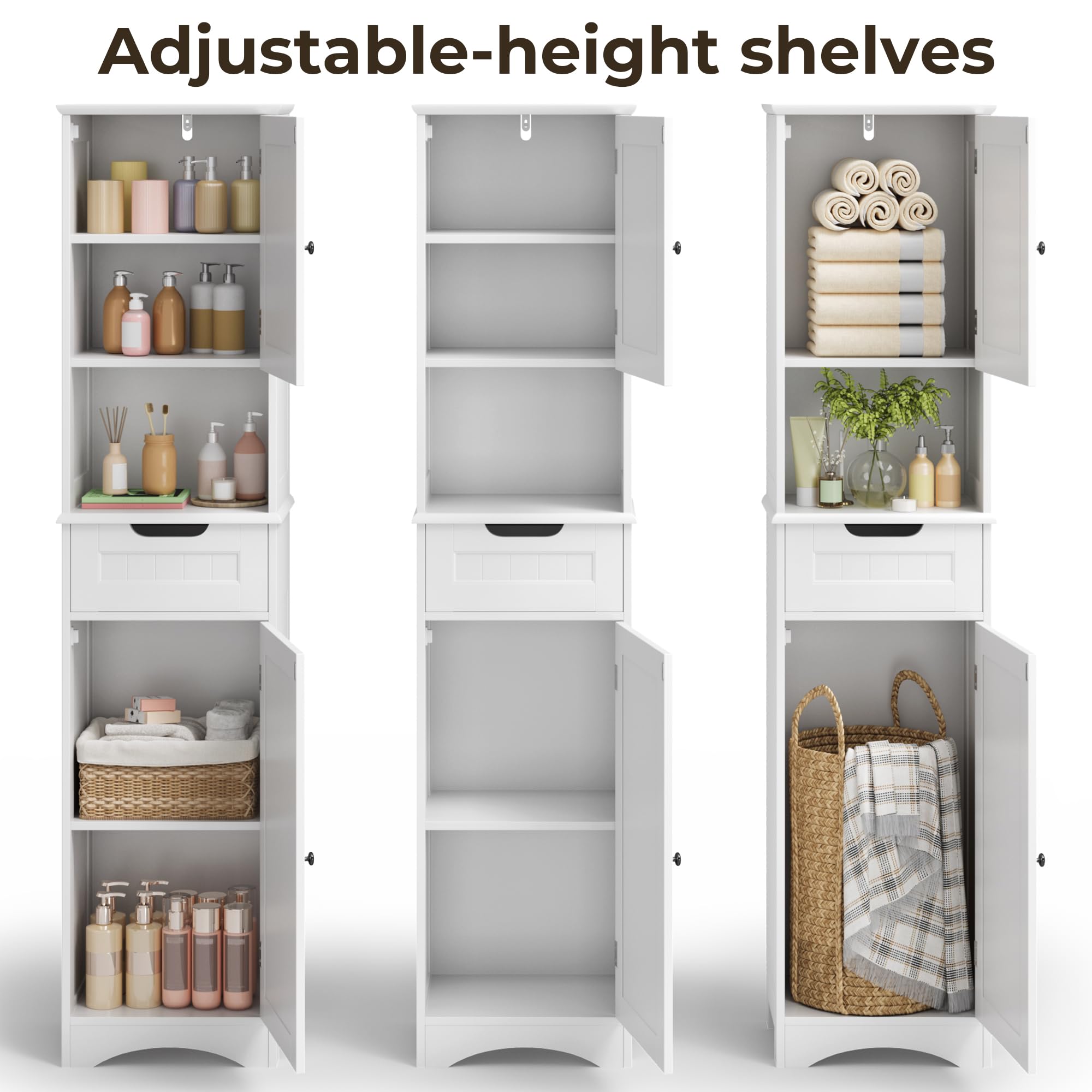 Mobiletto da Bagno Alto con Ripiani Regolabili, Cassetto, Scomparto Aperto, Porte Magnetiche e Protezione Antiribaltamento – 170 x 40 x 30 cm (Bianco)