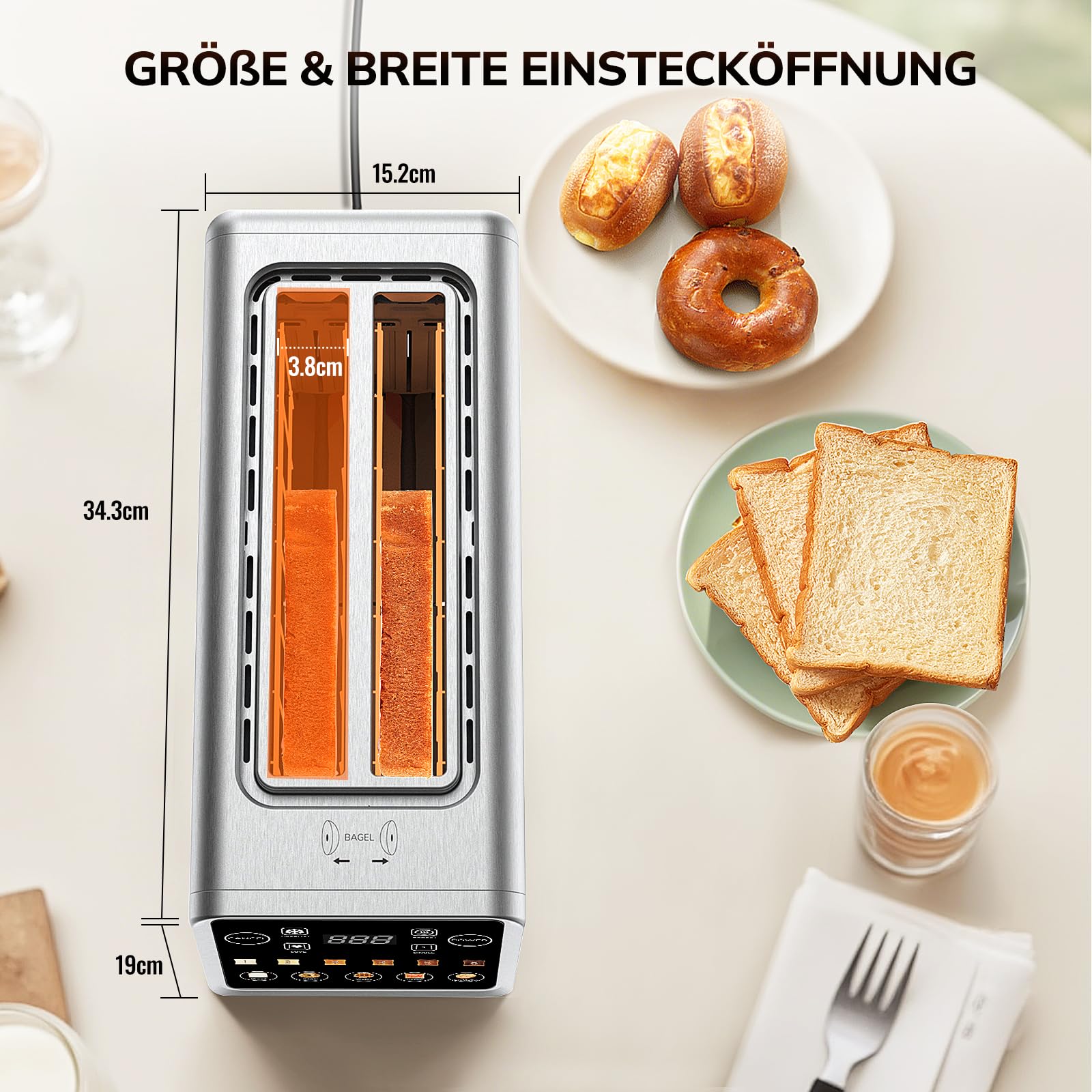 Keenstone Toaster 4 Scheiben, LED Display Touchscreen mit Memory-Funktion, Single-Slice-Technologie, Timer, Auftau- & Aufwärmfunktion, 6 Bräunungsstufen, 5 Brotprogramme, Krümelschublade, Edelstahl