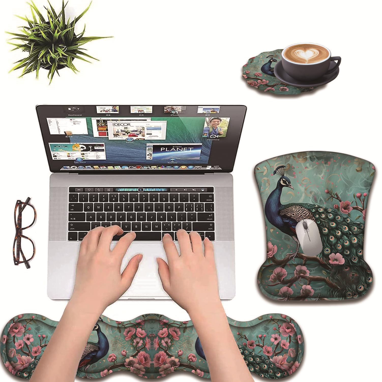 3 in 1 Keyboard Wrist Rest + Mouse Pad and Coaster, Ergonomic Gel Mouse Pad and Keyboard Pad Set, Comfortable Lightweight for Easy Typing Pain Relie, Peacock