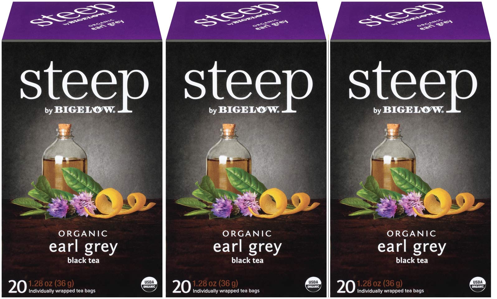 steep Organic Earl Grey 20 Count Box (Pack of 3), Certified Organic, Gluten-Free, Kosher Tea in Foil-Wrapped Bags