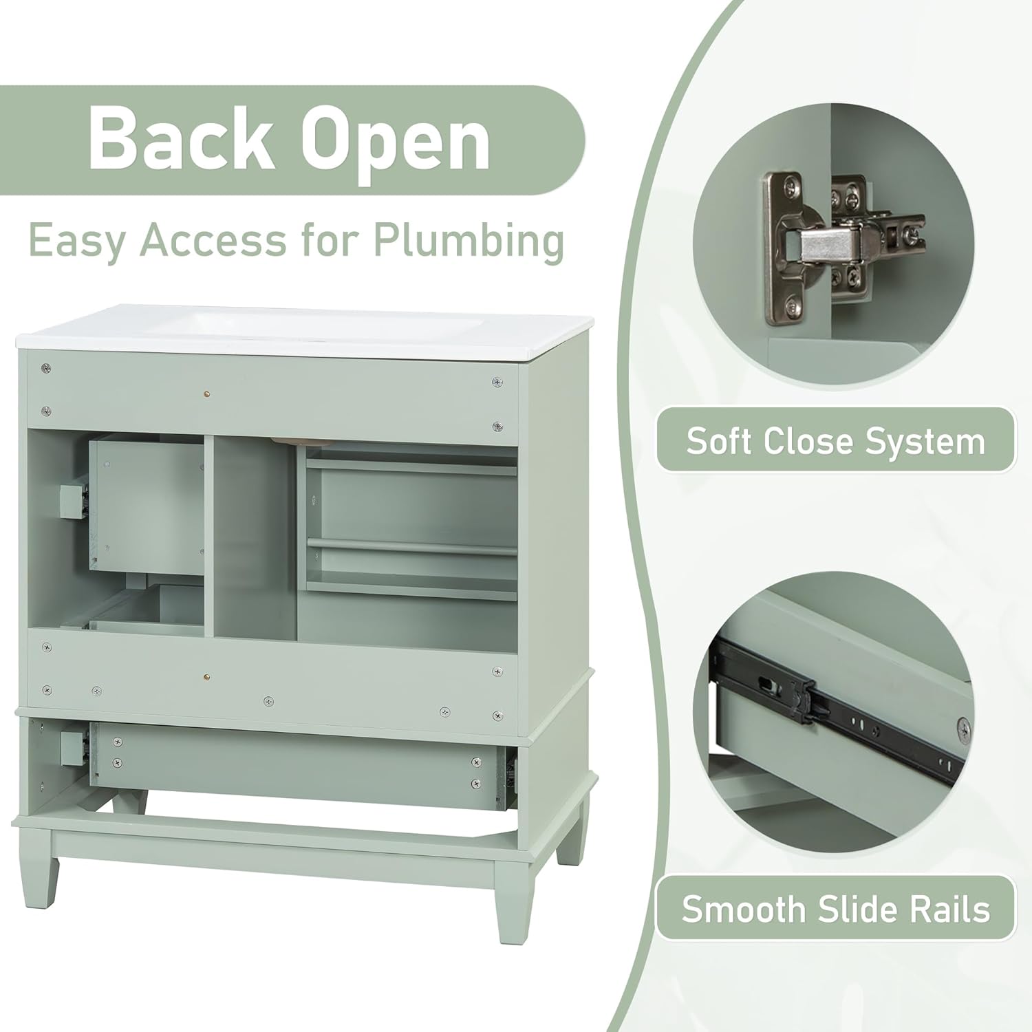 30 Inch Sage Green Bathroom Vanity with Sink,Modern Bathroom Vanity with 3 Drawers & Gold Knobs,with Integrated Ceramic Countertop,Soft Closing Door with Storage Organizer,Solid Wood Frame