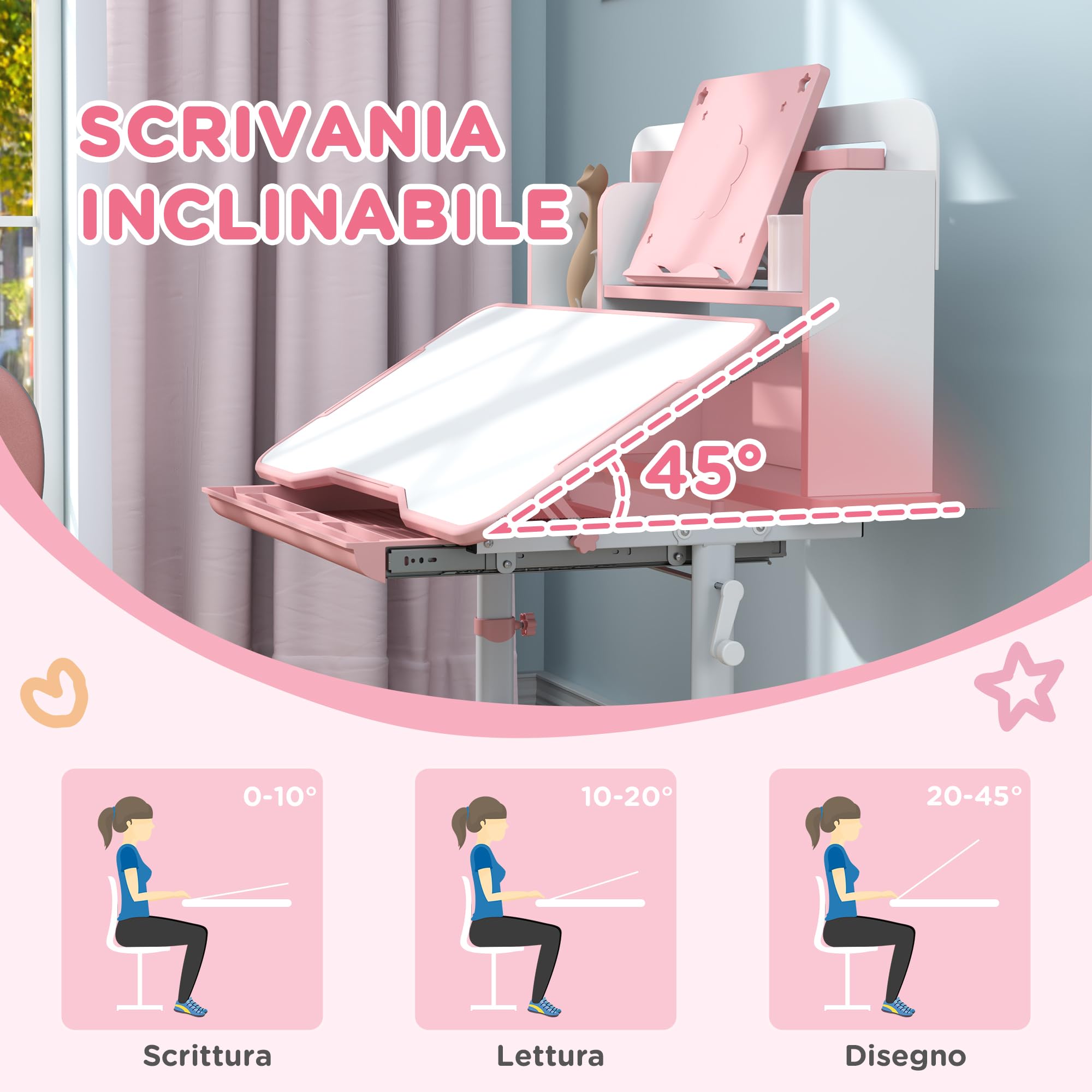 AIYAPLAY Set Scrivania e Sedia per Bambini 3-12 Anni Regolabili in Altezza, Banco Scuola con Piano Inclinabile 45°, Cassetto, Scaffale, Portapenne e Leggio, in Acciaio e MDF, Rosa