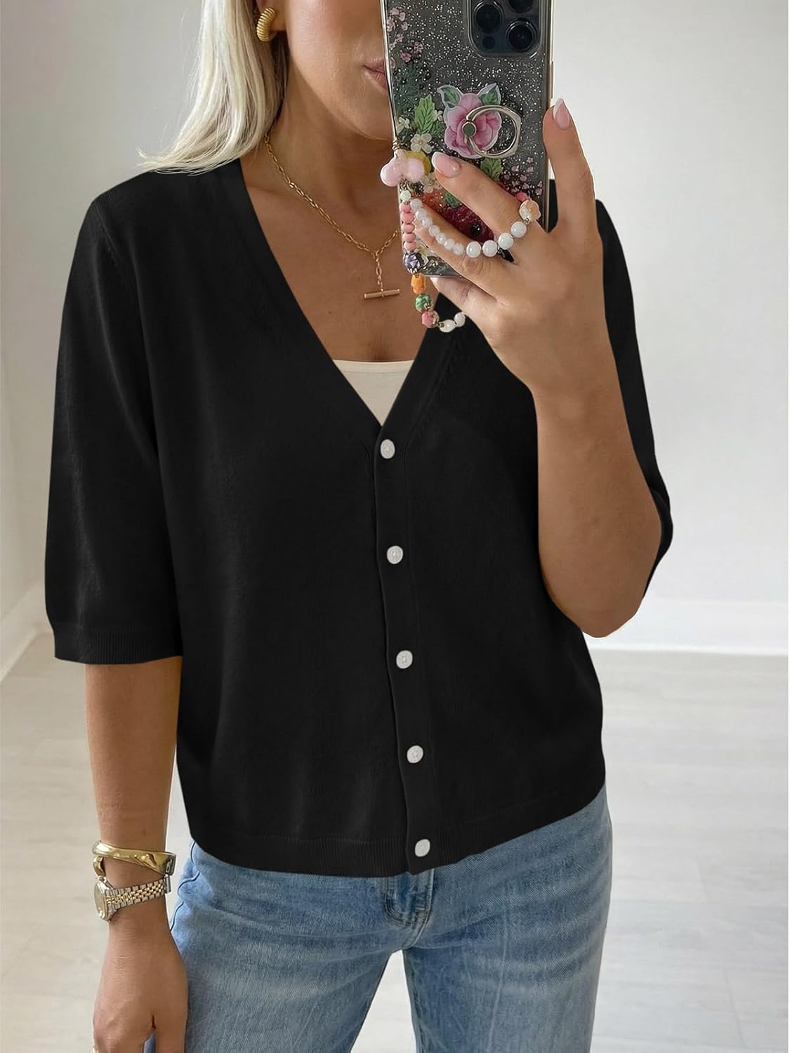 Saodimallsu Womens Half Short Sleeve Cardigans Summer Lightweight Knit V Neck Button Down Casual Sweater Tops - Image 2