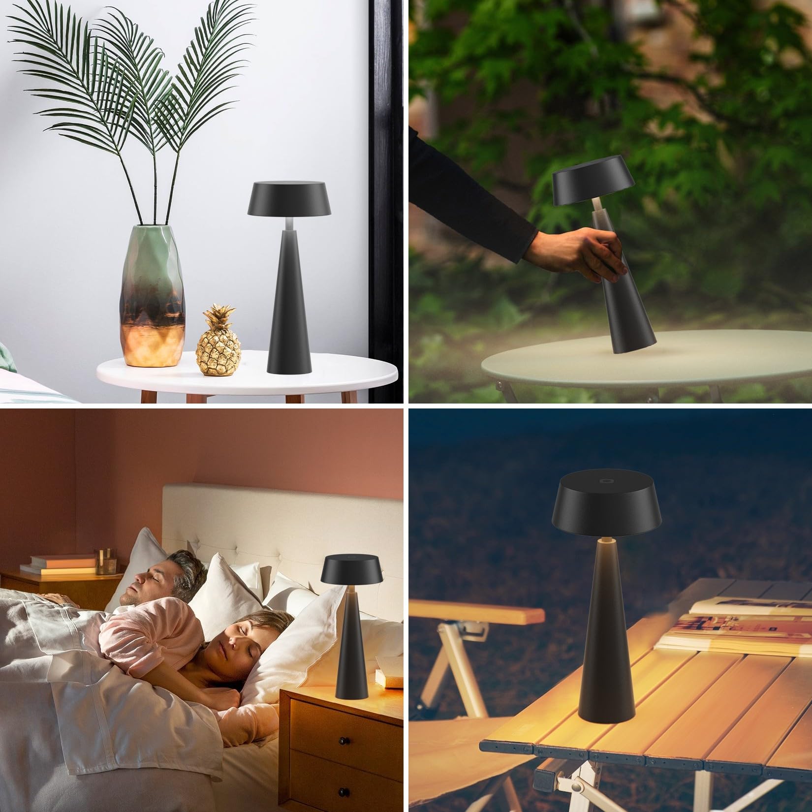 Lampe de table LED sans fil avec batterie, intensité variable 3000K-6000K, rechargeable IP54, Noir