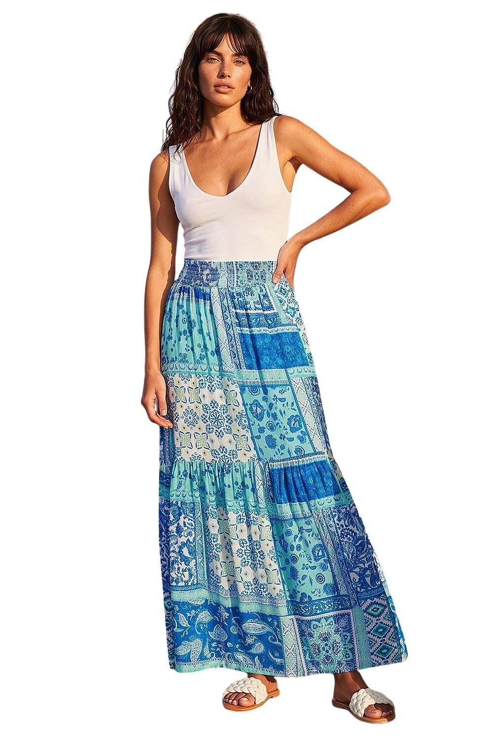 Roman Women's Light Blue Patchwork Shimmer Tiered Maxi Skirt Size 18
