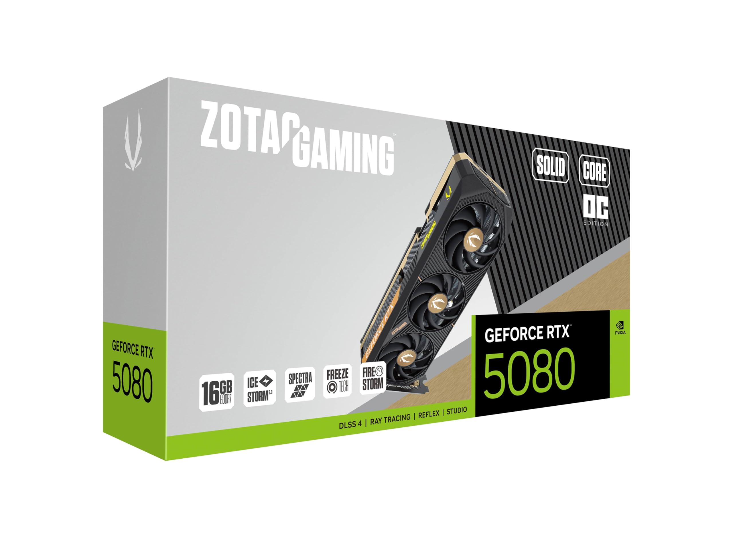 ZOTAC Gaming GeForce RTX 5080 Solid Core OC DLSS 4 16GB GDDR7 256-bit 30 Gbps PCIE 5.0 Tarjeta gráfica para Juegos, refrigeración Avanzada IceStorm 3.0, iluminación Spectra RGB, ZT-B50800J2-10A