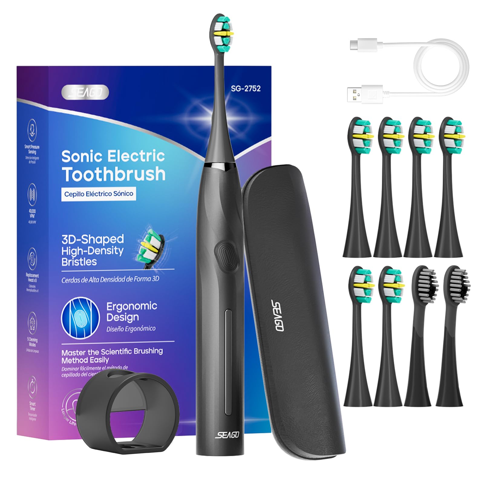 SEAGO Electric Toothbrush with 8 Soft Bristle Heads for Adults, Pressure Sensor, 5 Modes with 2 Minutes Build in Smart Timer, Rechargeable Travel Toothbrush with Brush Hold and Travel Case(2752Black)