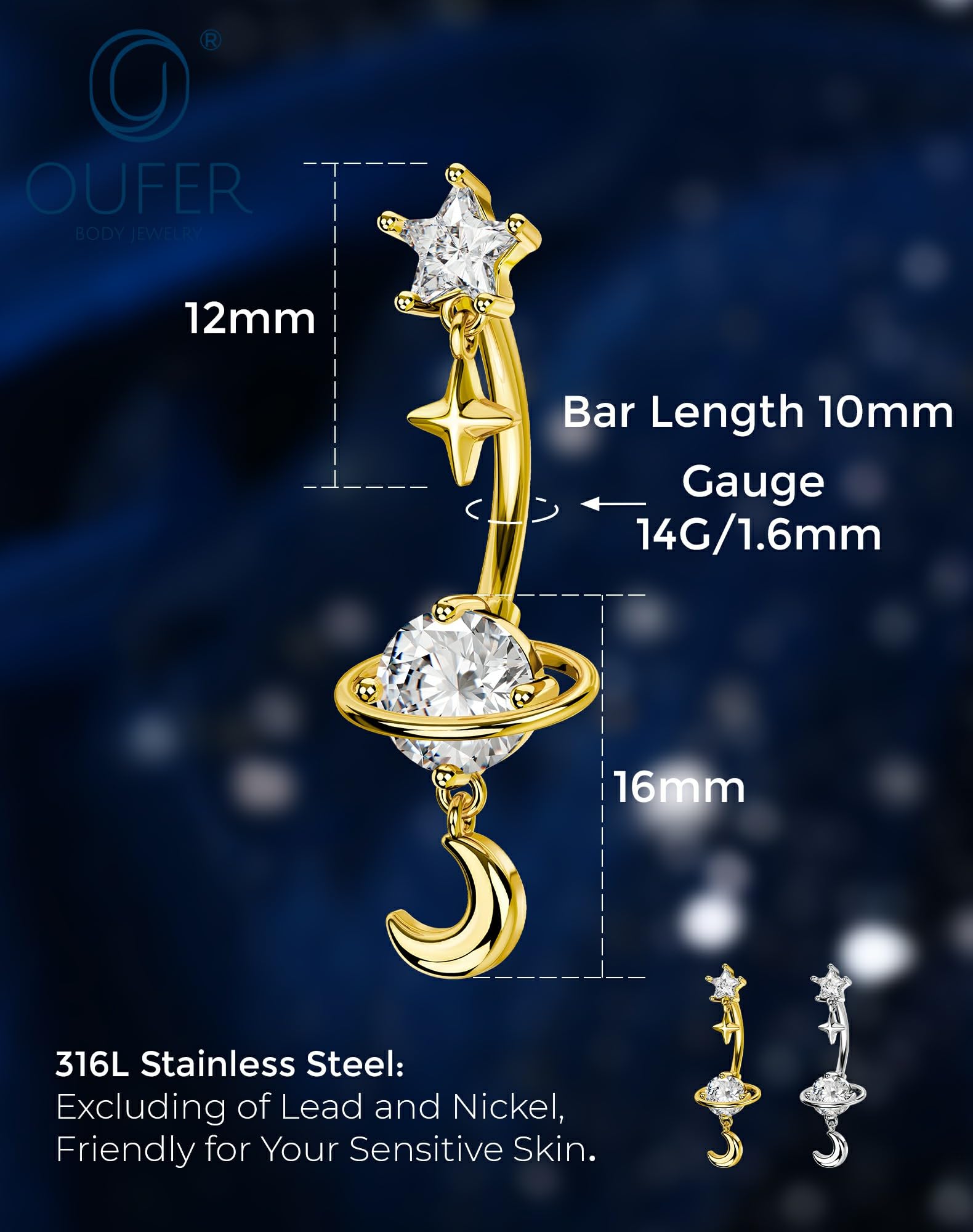 OUFER Body Piercing de Corps Barres de Ventre : 1 Pièce Barre Banane Anneau Navel en Acier Inoxydable 316L Anneau de Bouton d'Escargot avec Dangle Étoile Lune Bijou de Piercing de Navel - 4