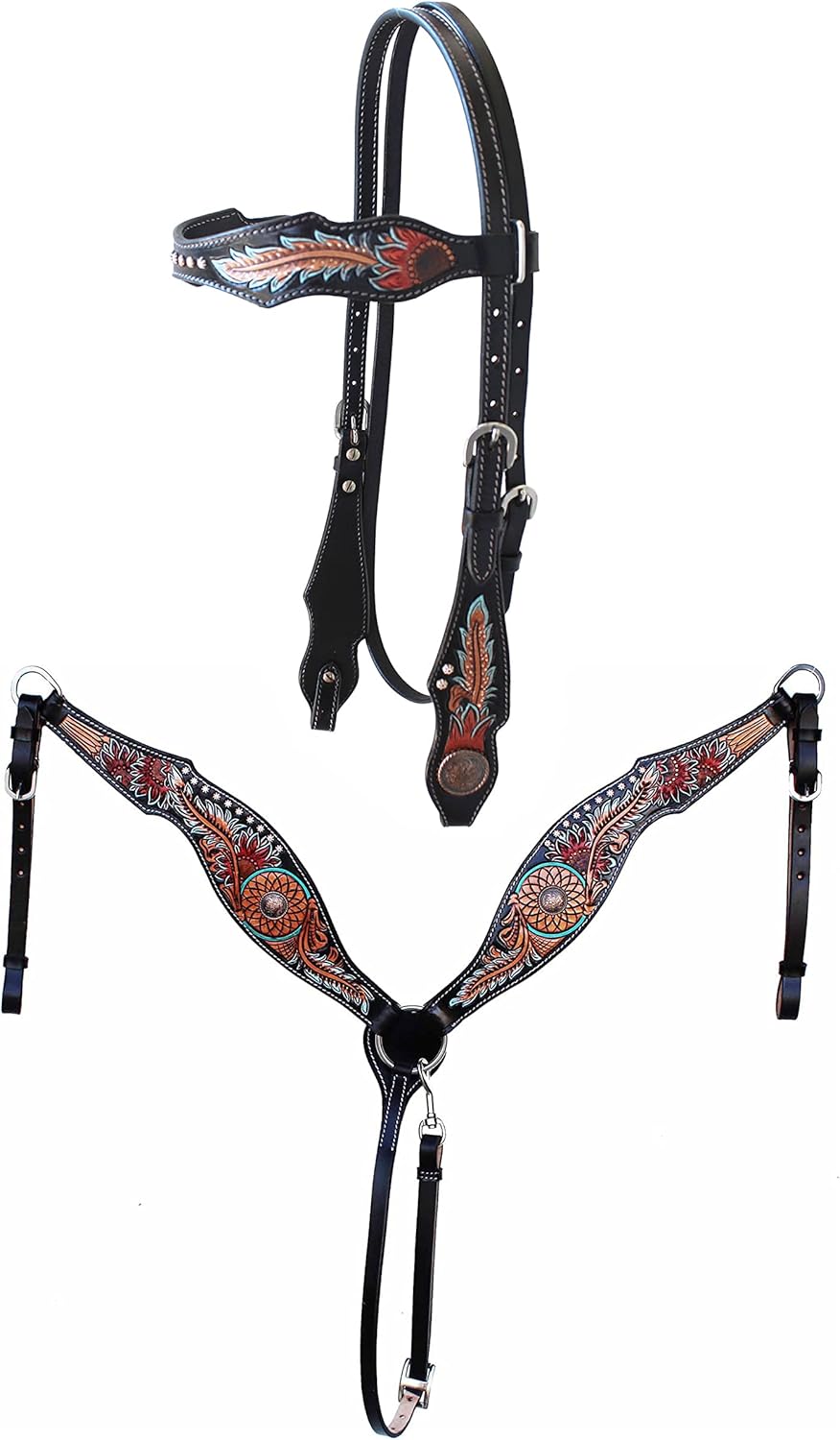 CHALLENGER Horse Western Feather Tooled Browband Bridle & Breast Collar Set Brown 78FK02B