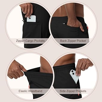 Men's Drawstring Cargo Hiking Shorts Lightweight Elastic Waist Stretch Casual Athletic Khaiki Shorts with 5 Zipper Pockets