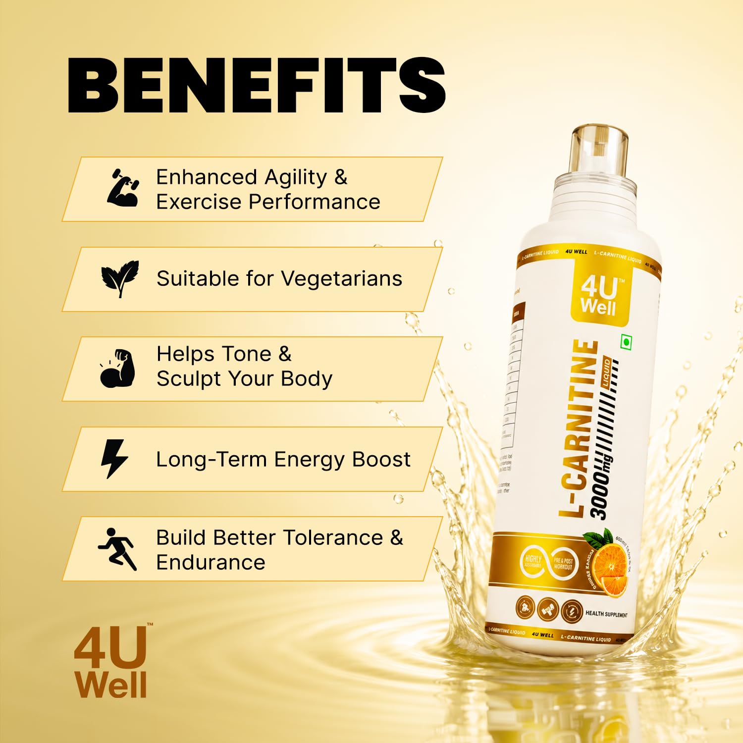 benefits of drinking l carnitine 4UWell L-Carnitine Liquid 3000mg Supplement | Zero Sugar Energy Drink |  Supports Workout Performance, Recovery & Metabolism | Pre & Post Workout  Formula | Orange Flavor