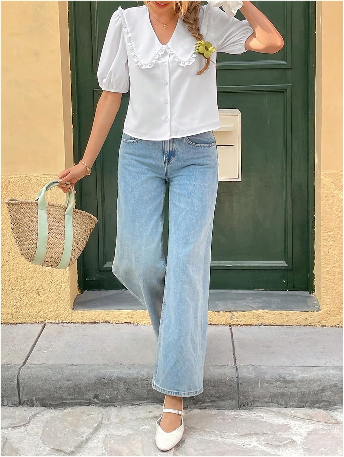 GORGLITTER Women's Peter Pan Collar Shirt Puff Short Sleeve Blouse Dressy Casual Cute Button Down Shirt Summer Vacation