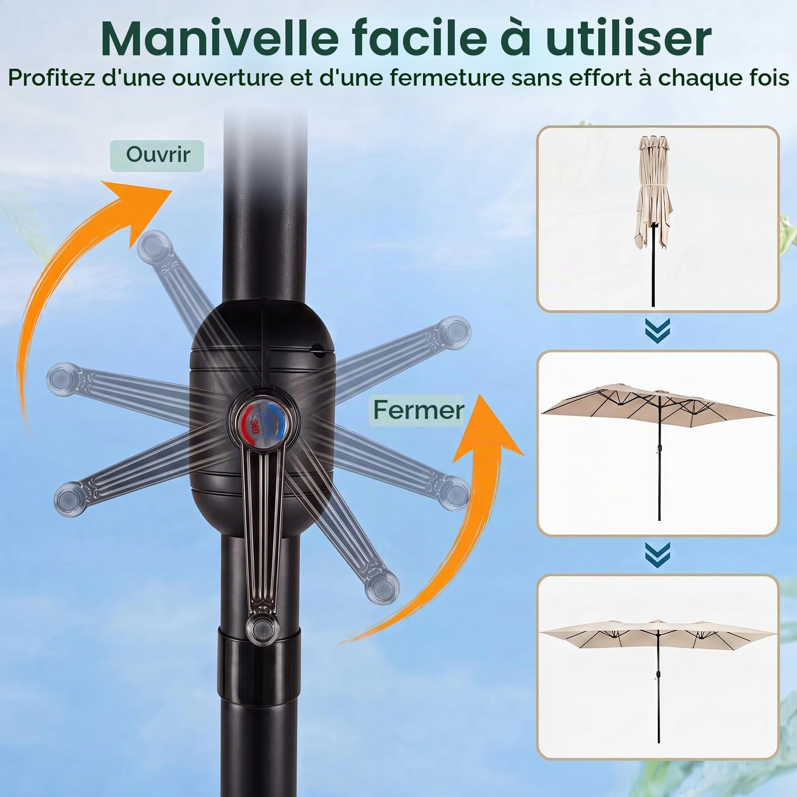 GOPLUS Parasol de Jardin Exterieur 4,3X2,7M, Grand Parasol Rectangulaire Double pour 6-8 Personnes avec Manivelle, 12 Baleines, Protection Solaire, pour Terrasse Marché Fête Plage (Marron)