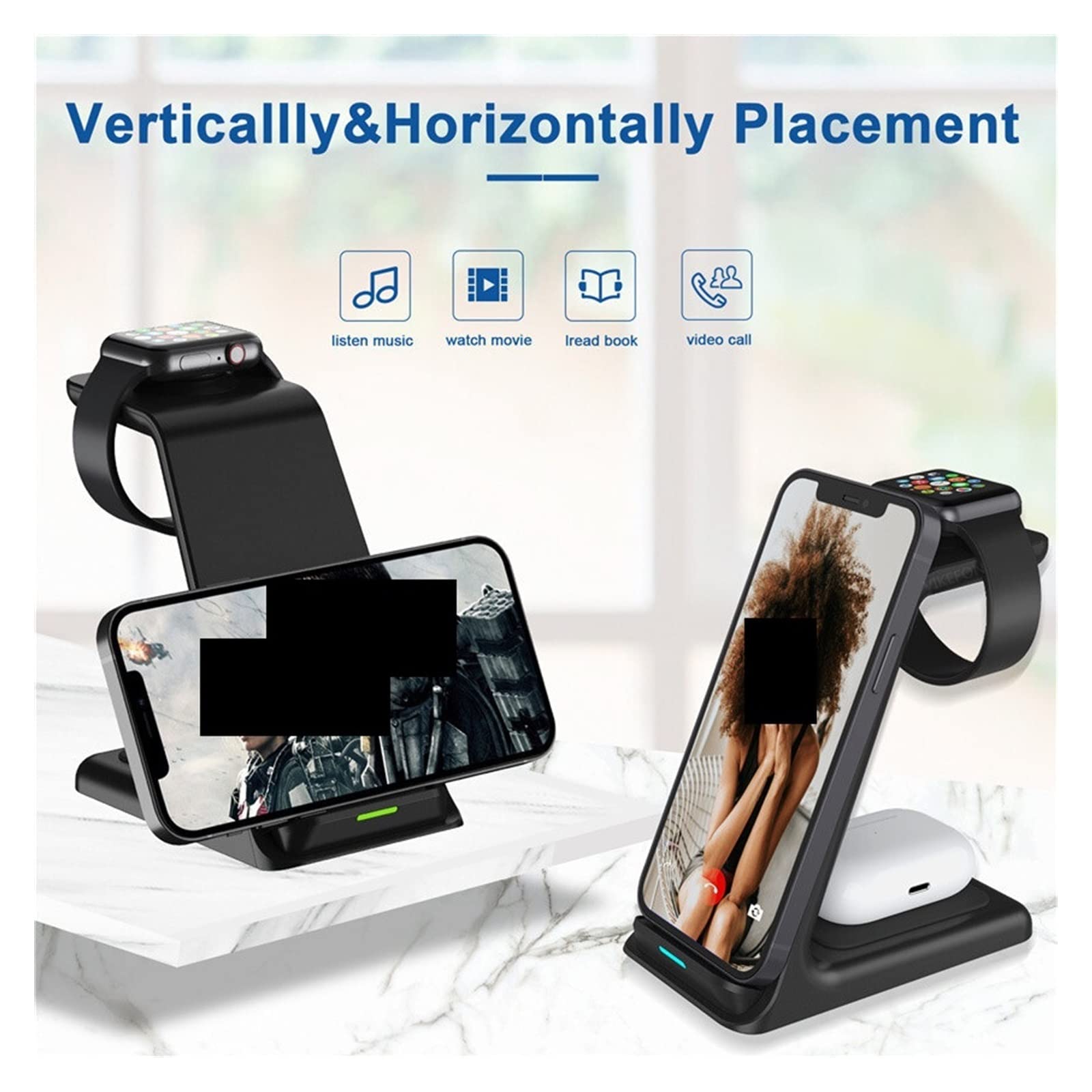 Support de Chargeur sans Fil, Support de Chargeur sans Fil 100W for Montre de téléphone 3 en 1 Station de Chargement Rapide for écouteurs(Zwart)