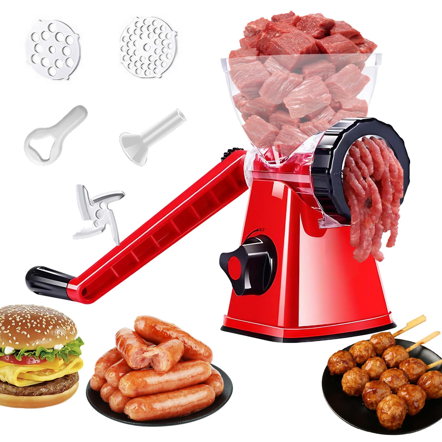 Manual Meat Grinder, 6-in-1 Sausage Filling Machine with Heavy Duty Powerful Suction Base, Versatile Meat Mincer for Beef, Mince, Vegetables, Noodles