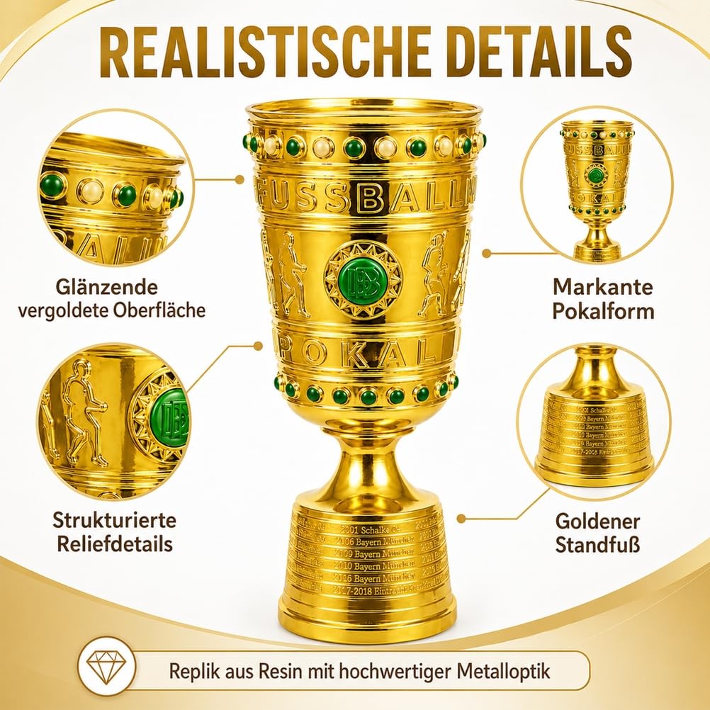 Deutscher Fußball Champion-Pokal Replik, 36 cm aus Harz, Goldfarben | Siegerpokal Sammlerstück für Vitrine,Schreibtisch,Regal und Fanbereich,Ideal als Sportandenken und Geschenk für Fussballfans