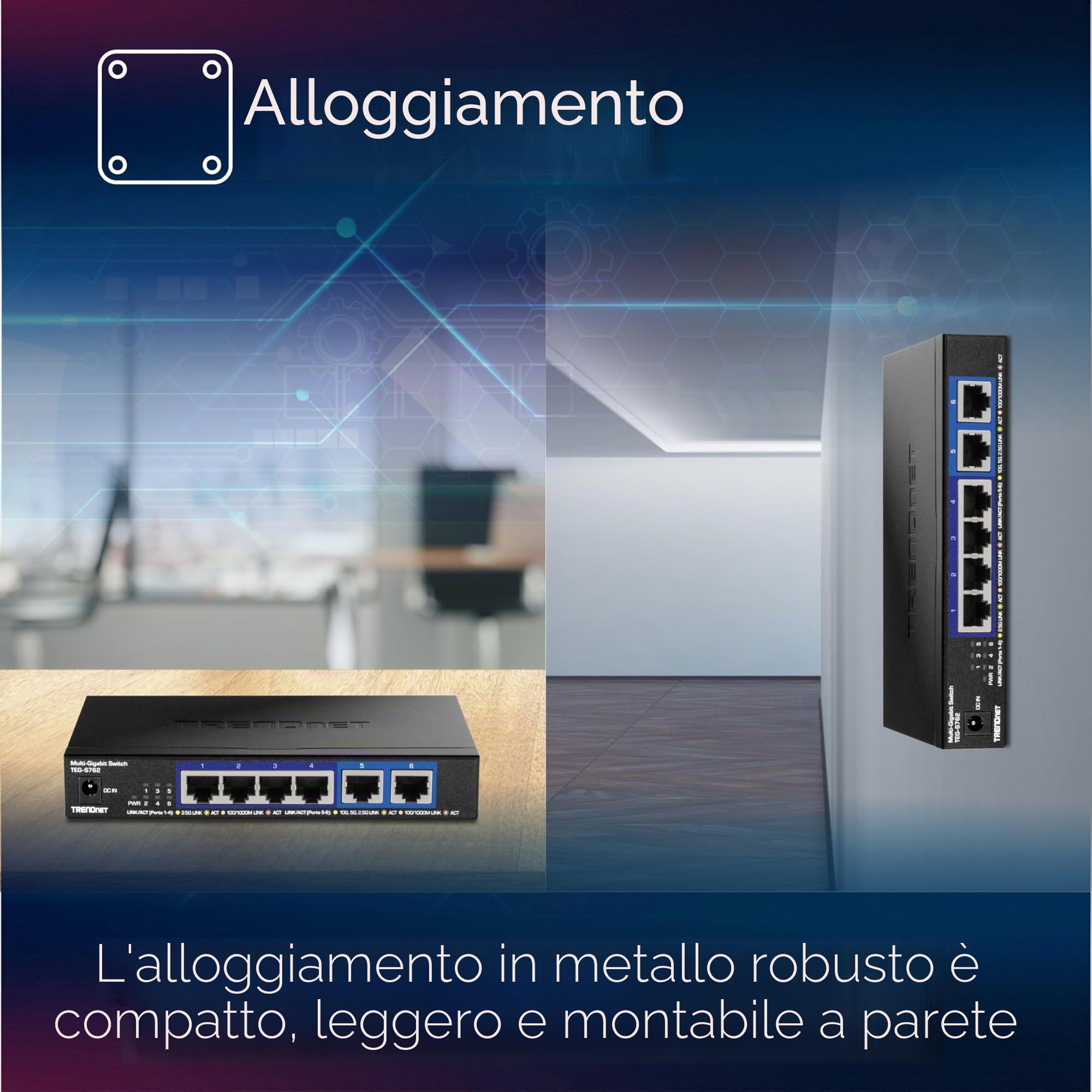 TRENDnet TEG-S762 Switch 6 porte 10G, 4 porte RJ-45 Base-T da 2,5 G, 2 porte RJ-45 10G, capacità di commutazione 60 Gbps, montabile a parete, connessioni di rete 10 Gigabit, nero