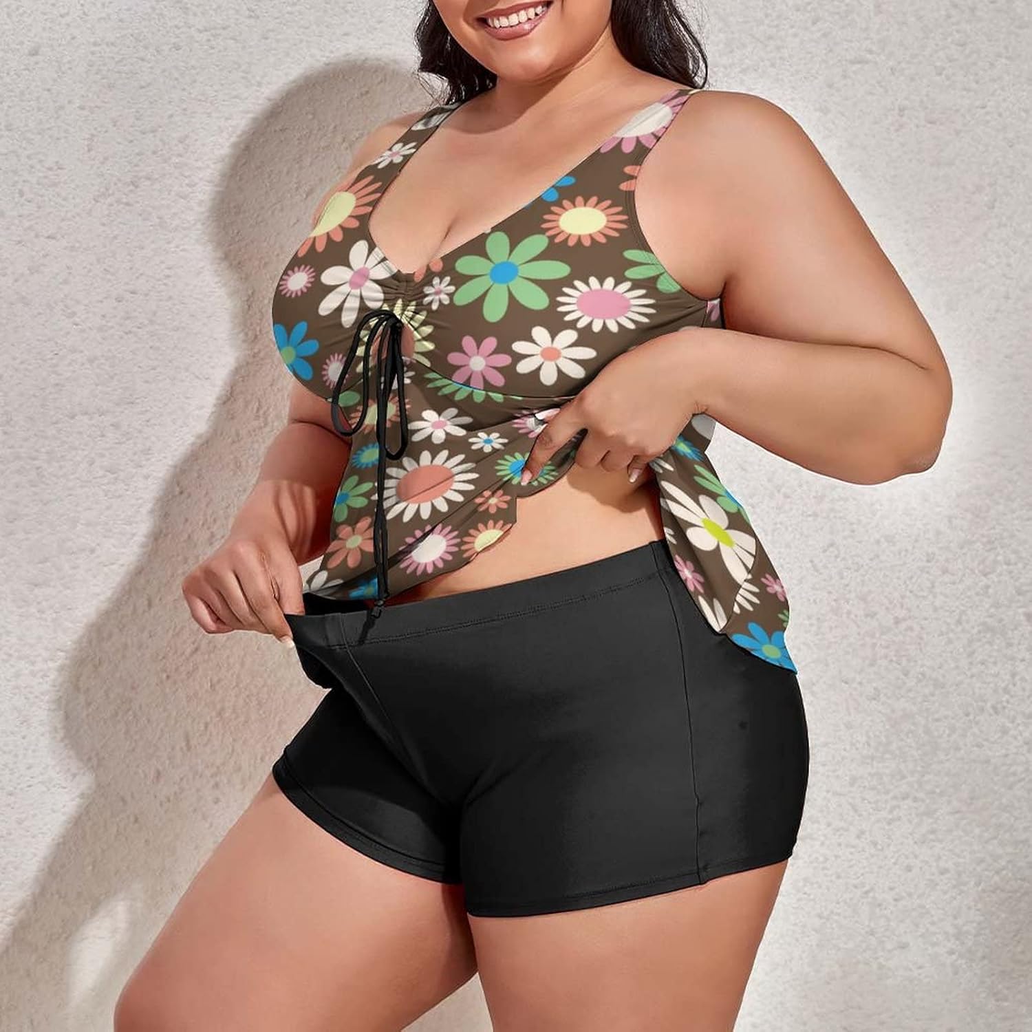 Two Piece Plus Size Tankini Swimsuits for Women Colorful Floral Flower Seamless Pattern Bathing Suit with Boyshort Spring Summer Flower Tummy Control Swimwear