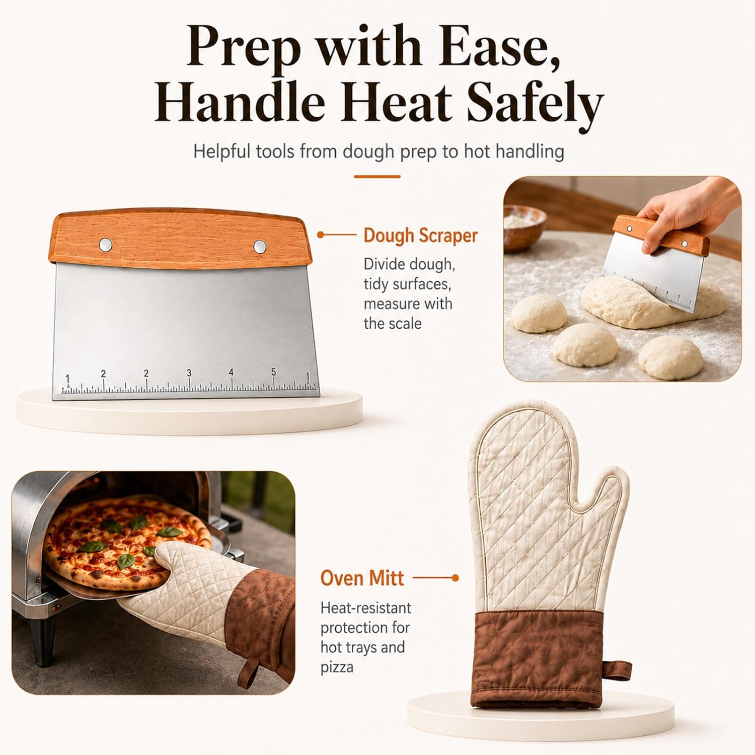 Pizza Peel Set, 8 Piece Pizza Oven Accessories Kit, 12x14 Inch Aluminum Pizza Paddle with Foldable Wooden Handle, 8 Inch Perforated Mini Peel, Rocker Cutter, Scraper, Server, Brush, Glove & Bag