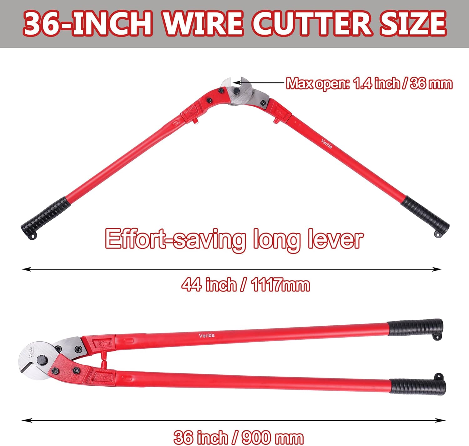 Verida Wire Cutters 36 inch, Industrial-Grade Heavy Duty Wire Rope Cutter, Chrome Vanadium Steel, Hardness 65 HRC. for Stainless Steel Wire and Hard Wire Ropes, Red
