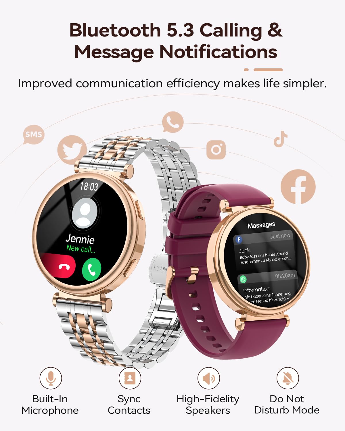 SWGOTA Smartwatch Donna con Chiamate, 1.27" Orologio Smartwatch con Fisiologia Femminile, 24H Cardiofrequenzimetro SpO2 Sonno, 120+ Sports Smart Watch Rotondo per Android iOS, Regalo Donna Oro Argento