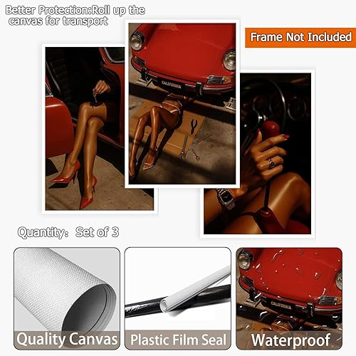 Miniatura 2 de 3 piezas de póster clásico de automóvil para mujer, con tacones altos, diseño de mecánico, arte de pared, moderno, vibrante, entusiasta del