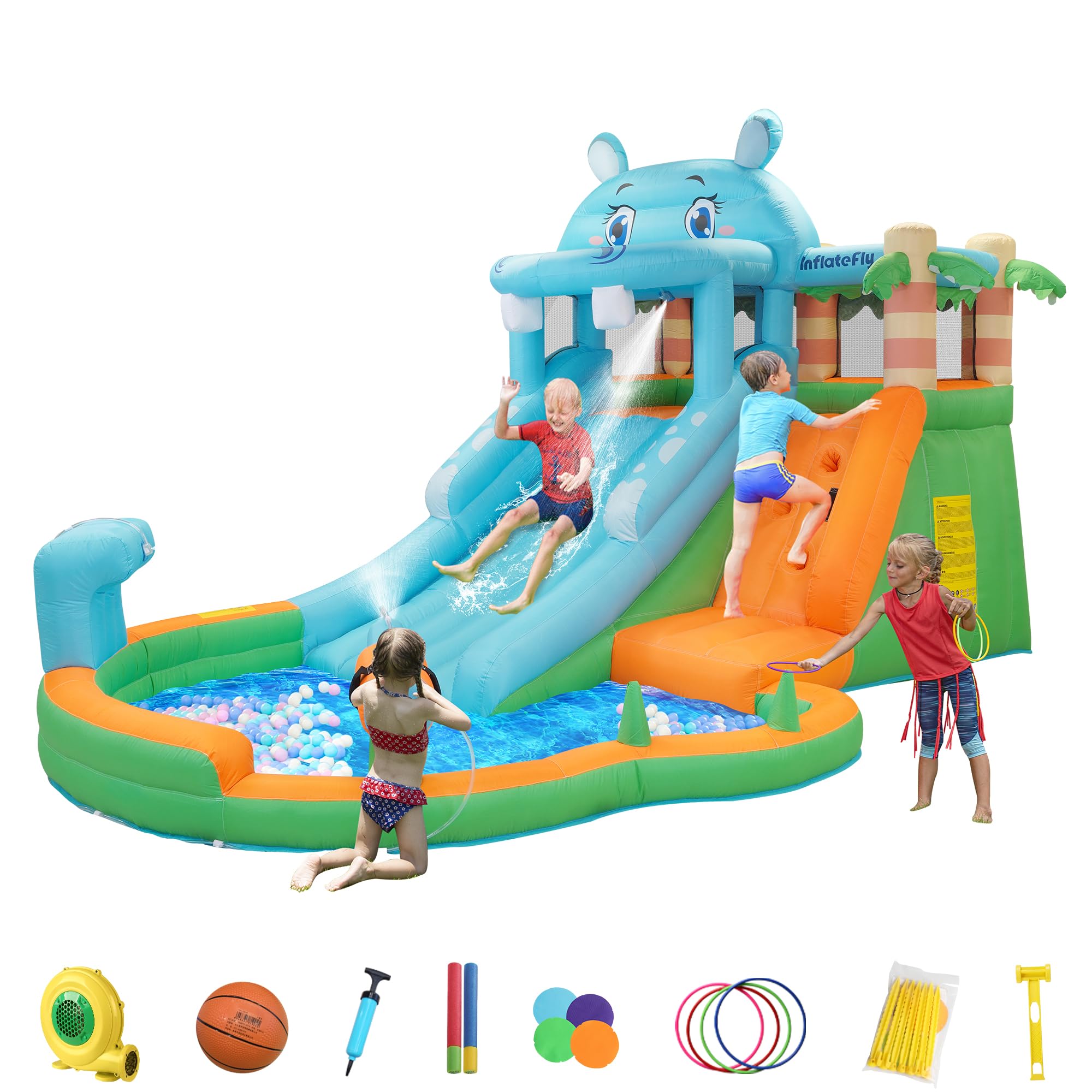 Casa inflable para niños, castillo de casa de juegos con soplador, casa de rebote de tobogán acuático para niños pequeños húmedos