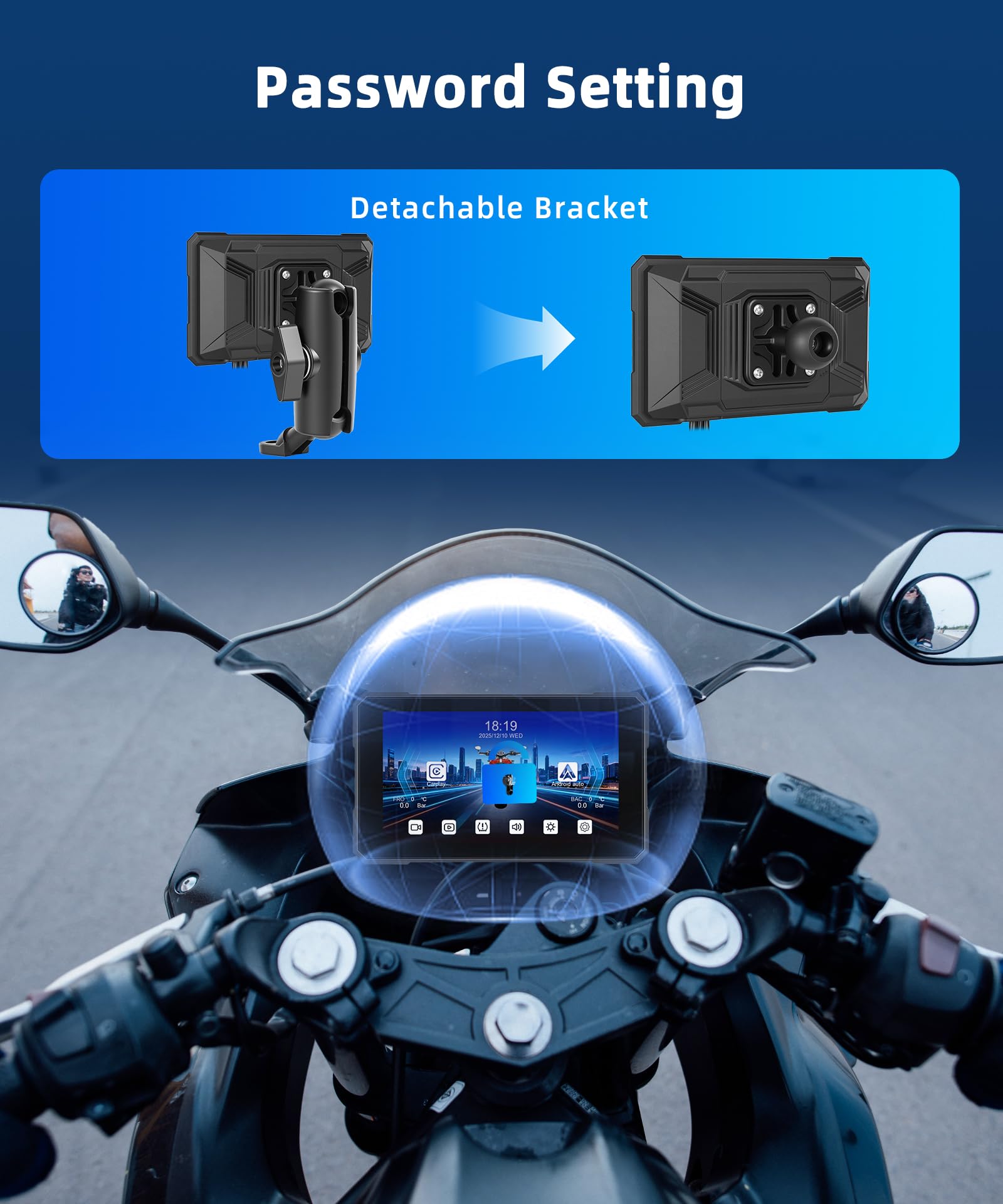 Rimoody Portatile Wireless Carplay Display Motociclo con Dashcam 2 Telecamera Fronte e Retro, 5 Pollici Touchscreen Carplay Android Auto Schermo per Motorbike con App/Bluetooth/IP68 étanche/GPS Navi
