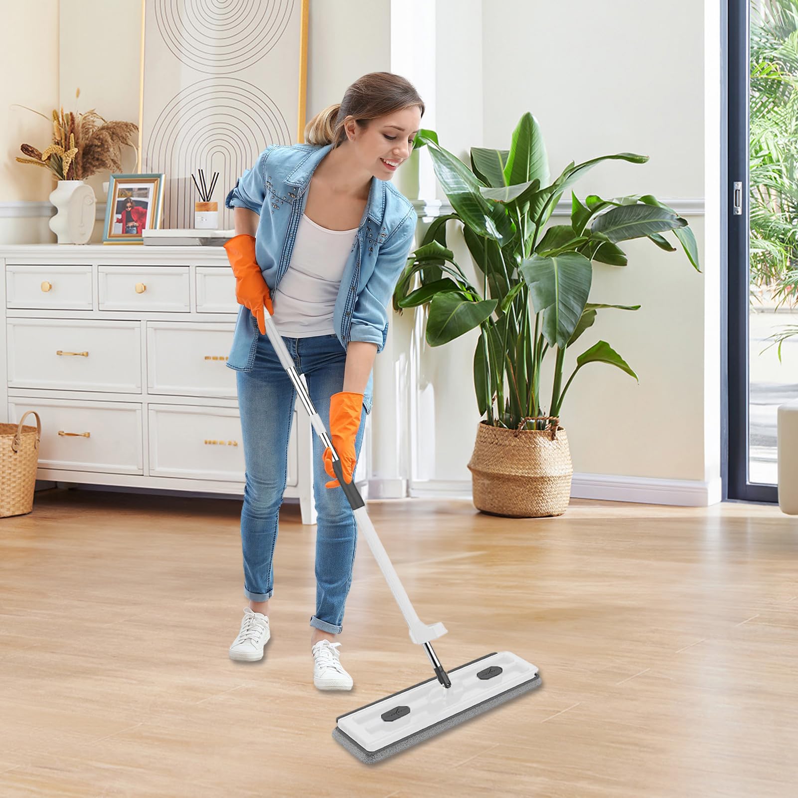 Mopa Plana Giratoria 360 Grados, En Seco O Húmedo, Mango Largo | Herramienta de Limpieza Doméstica Mopa Atrapapolvo de Microfibra con Mango Largo para Cocina, Baño, Hogar, Suelos y